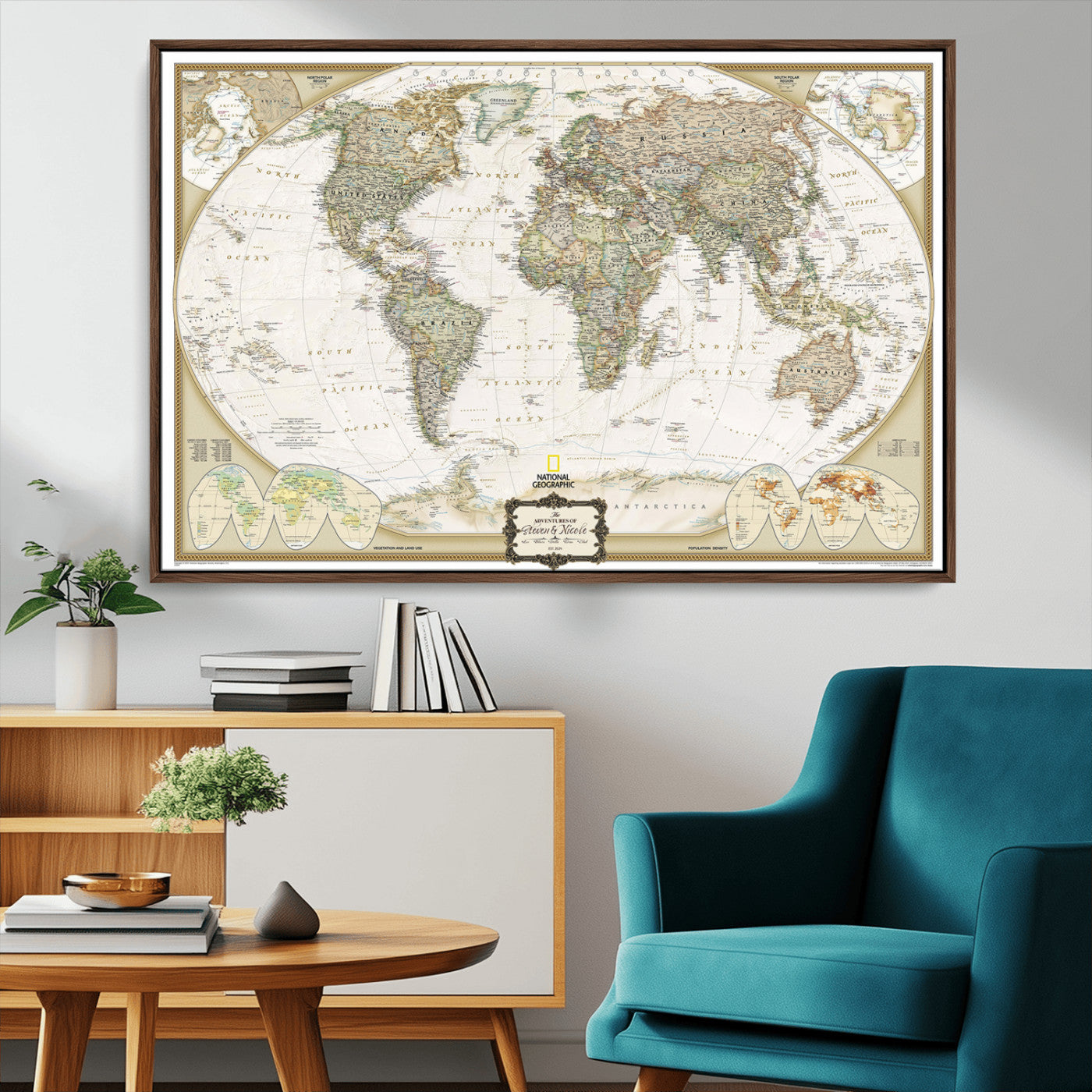 62071694-MGV-FC-36X24_Walnut-Custom Push Pin World Map Wall Art Canvas Print – Personalized National Geopraphic Map for Travel
