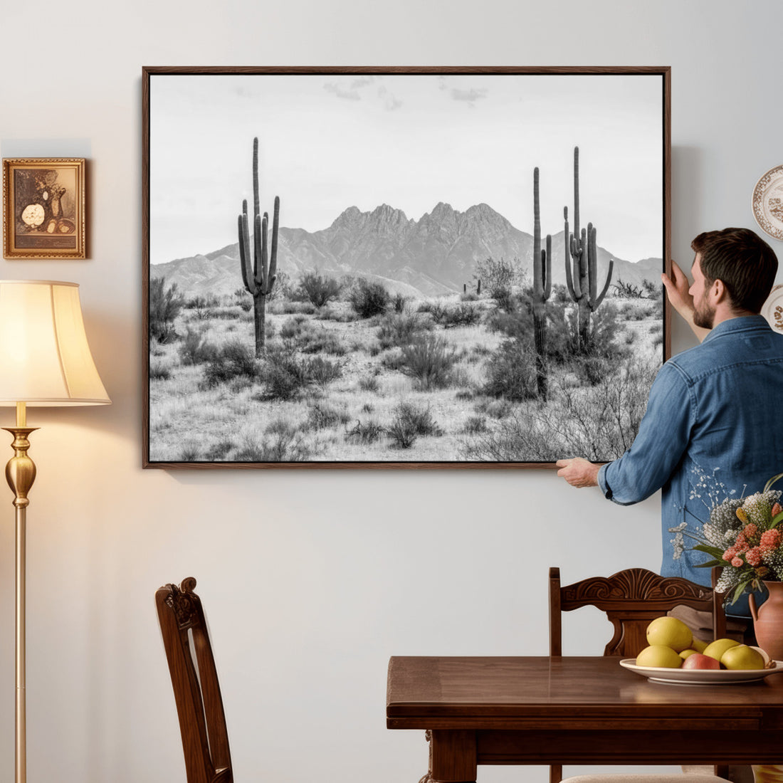 Black and White Arizona Desert Canvas Wall Art, Cactus Farmhouse Wall Art