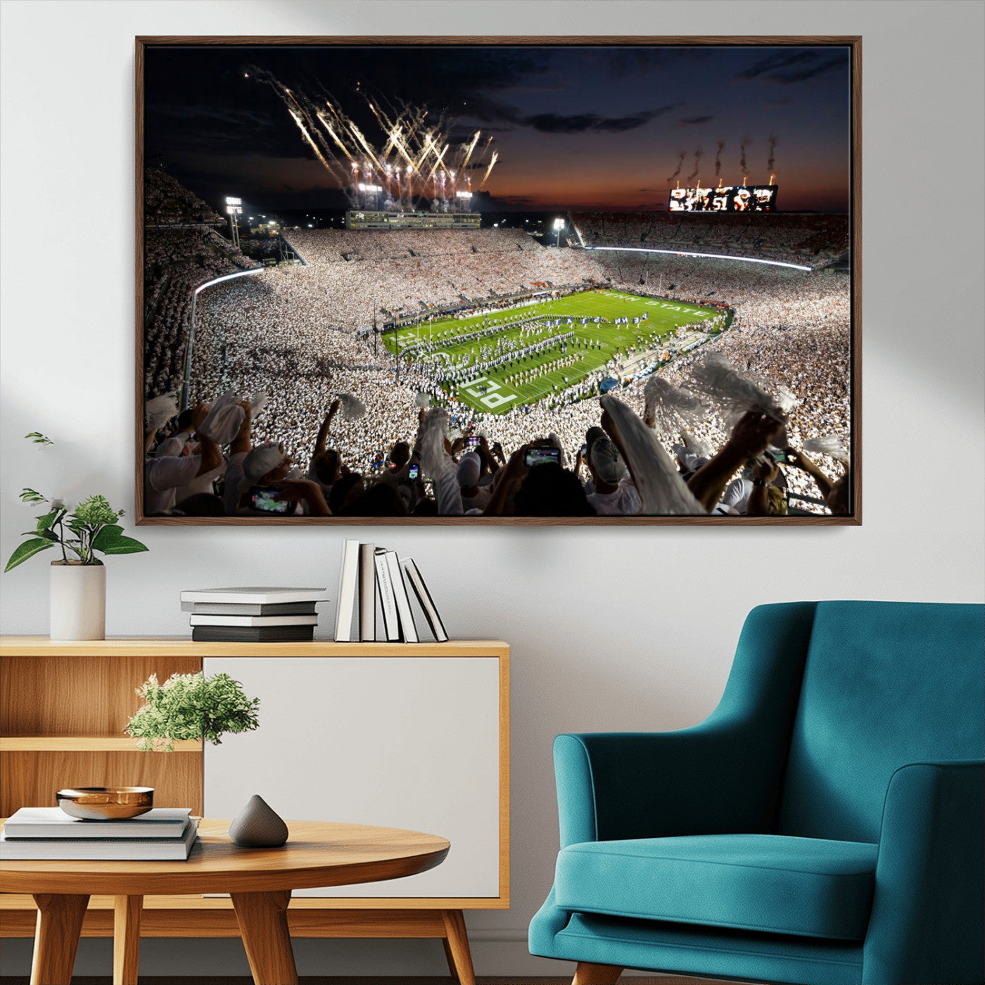Penn State Stadium Wall Art Print, White Out Football Game Canvas Wall Art, Framed Sports Stadium, Large College Football Canvas Print for Game Room - Man Cave + 555