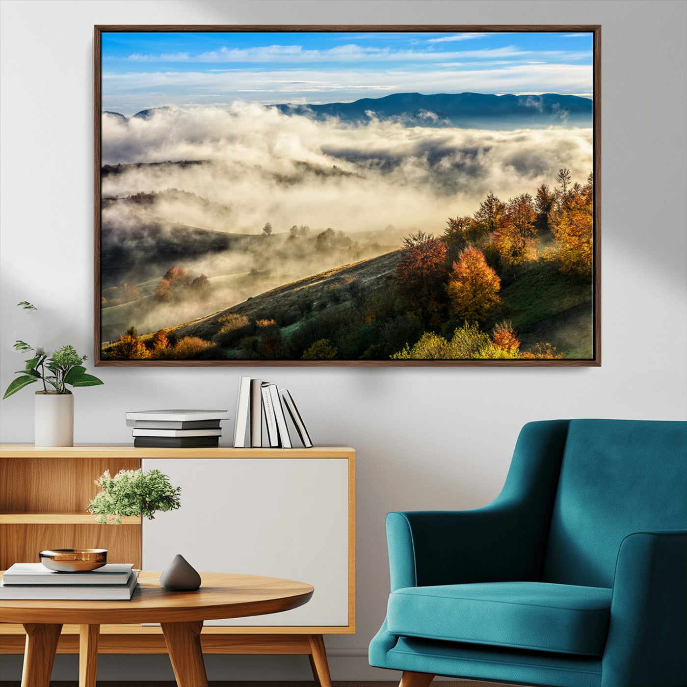 21551192-MGV-FC-36X24_Walnut-Misty Autumn Hills Canvas Wall Art, Foggy Forest Landscape, Fall Foliage Beauty, Serene Mountain View, Cozy Home Decor, Office Tranquility, Nature Calm Print