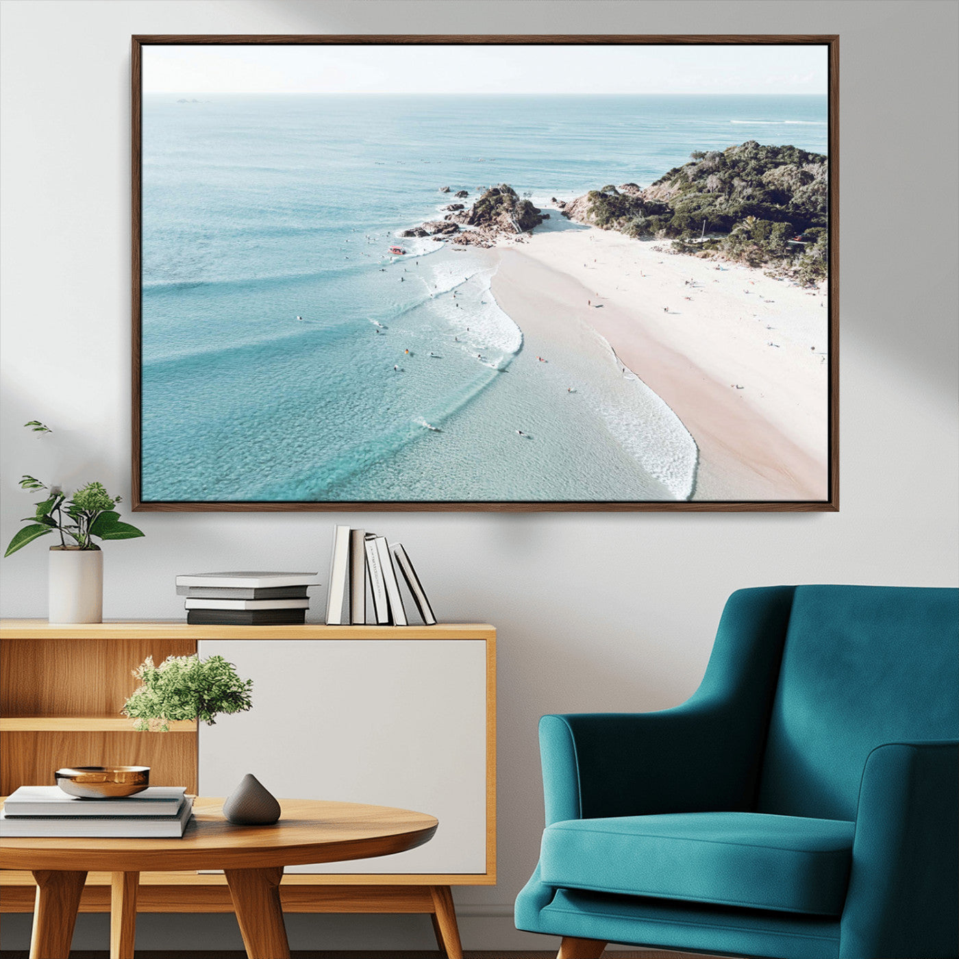 79395467-MGV-FC-36X24_Walnut-Aerial Beach Canvas Wall Art Print, Coastal Ocean Waves and Surfers, Large Scenic Seaside Canvas for Home or Office 1 Panel Wrapped Canvas