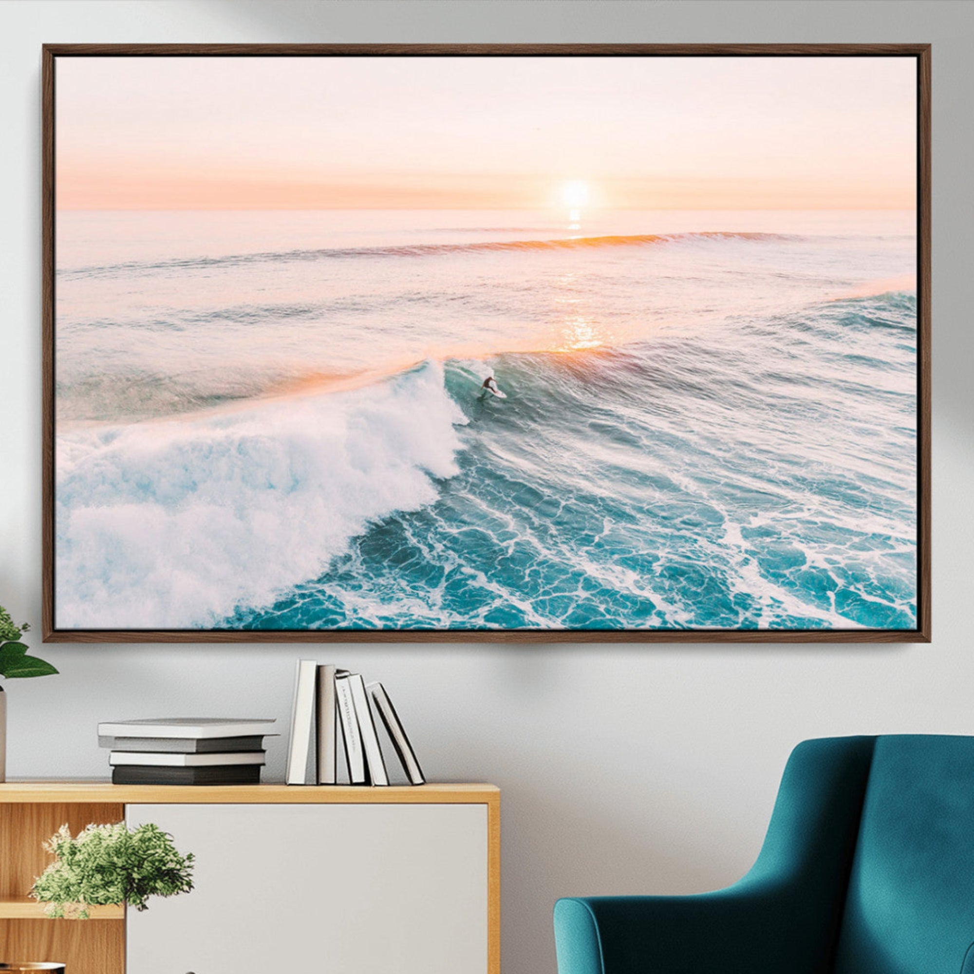 34064591-MGV-FC-36X24_Walnut-Sunset Surfing Wall Art Canvas Print, Ocean Wave Surfer with Golden Sky Artwork for Home, Office, Living Room