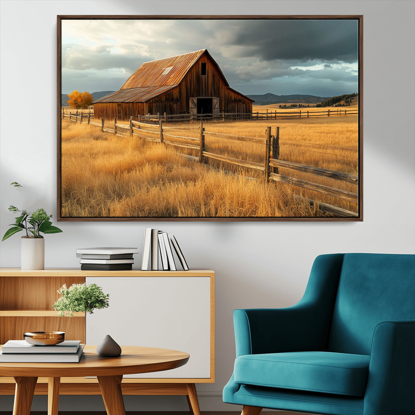 "Golden fields surrounding a rustic barn with a weathered roof, a wooden fence, and dramatic skies with sunlight breaking through the clouds."