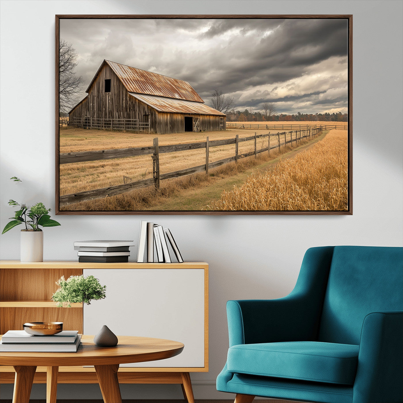 "Rustic barn with a weathered metal roof, surrounded by a wooden fence and golden fields under an overcast sky with dramatic clouds."