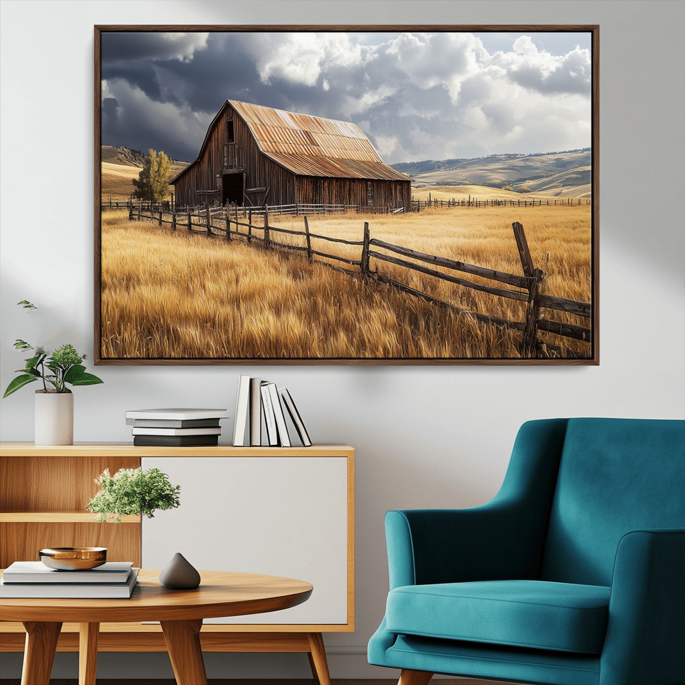 "Rustic barn surrounded by golden fields, a wooden fence, and dramatic storm clouds in the sky, capturing a serene countryside landscape."