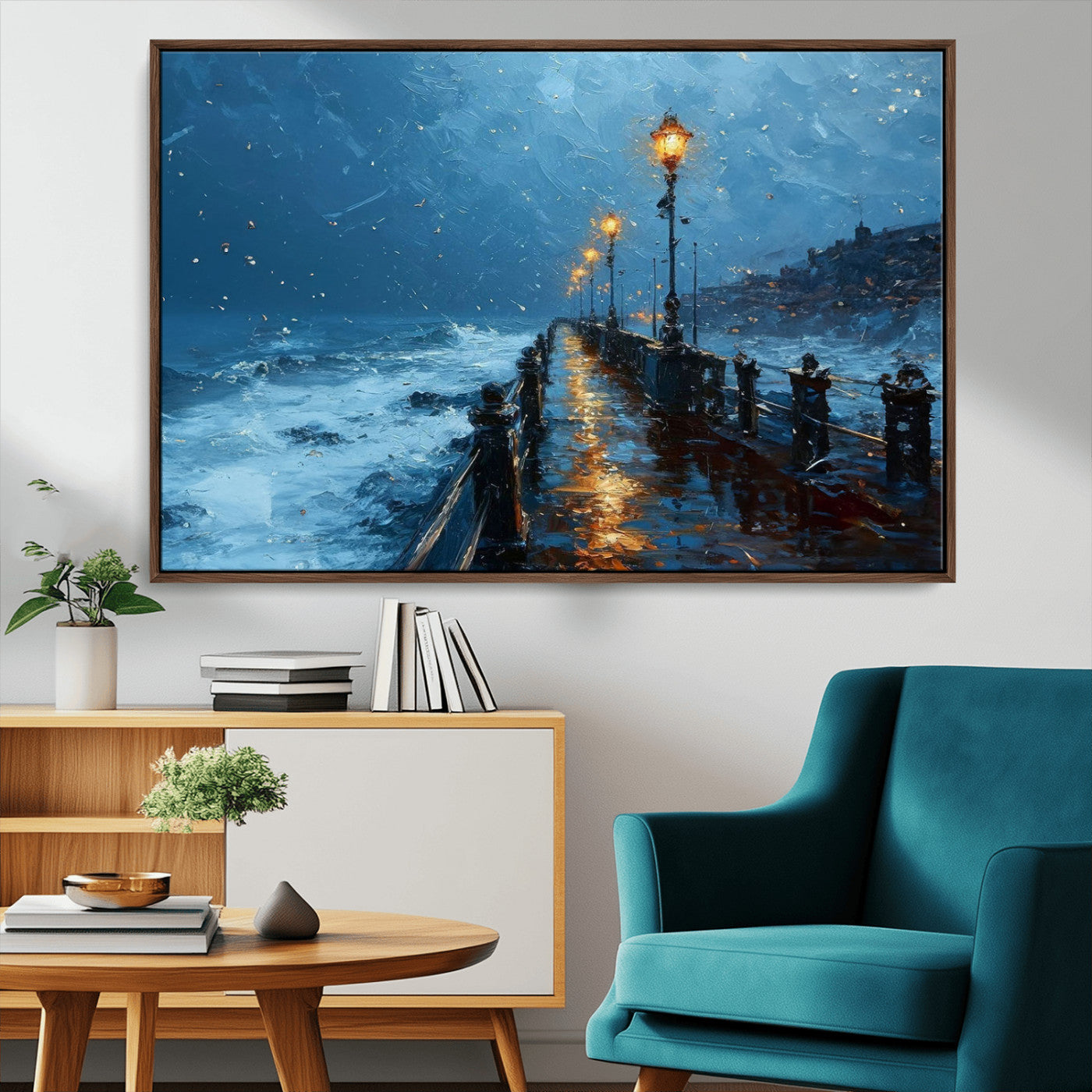 "Impressionistic painting of a stormy pier with street lamps glowing, waves crashing, and a misty ocean under a blue sky."