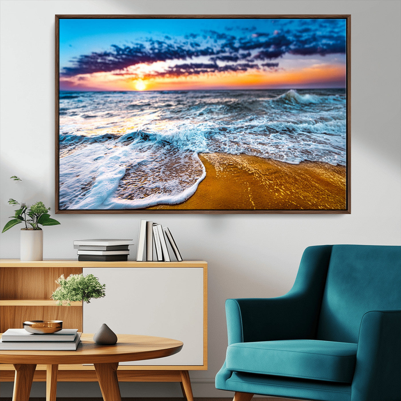 Beautiful ocean shoreline at sunset with foamy waves washing onto golden sand under a colorful sky – Wall Art Canvas Print.