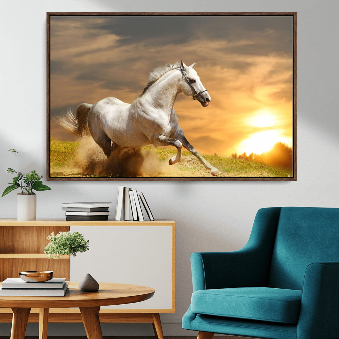 Powerful white horse galloping on a dusty field at sunset with a dramatic sky – Wall Art Canvas Print.
