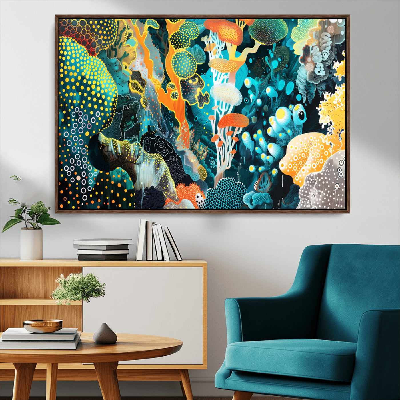 Colorful abstract coral reef scene featuring vibrant underwater plants, marine patterns, and fluid organic shapes – Wall Art Canvas Print.