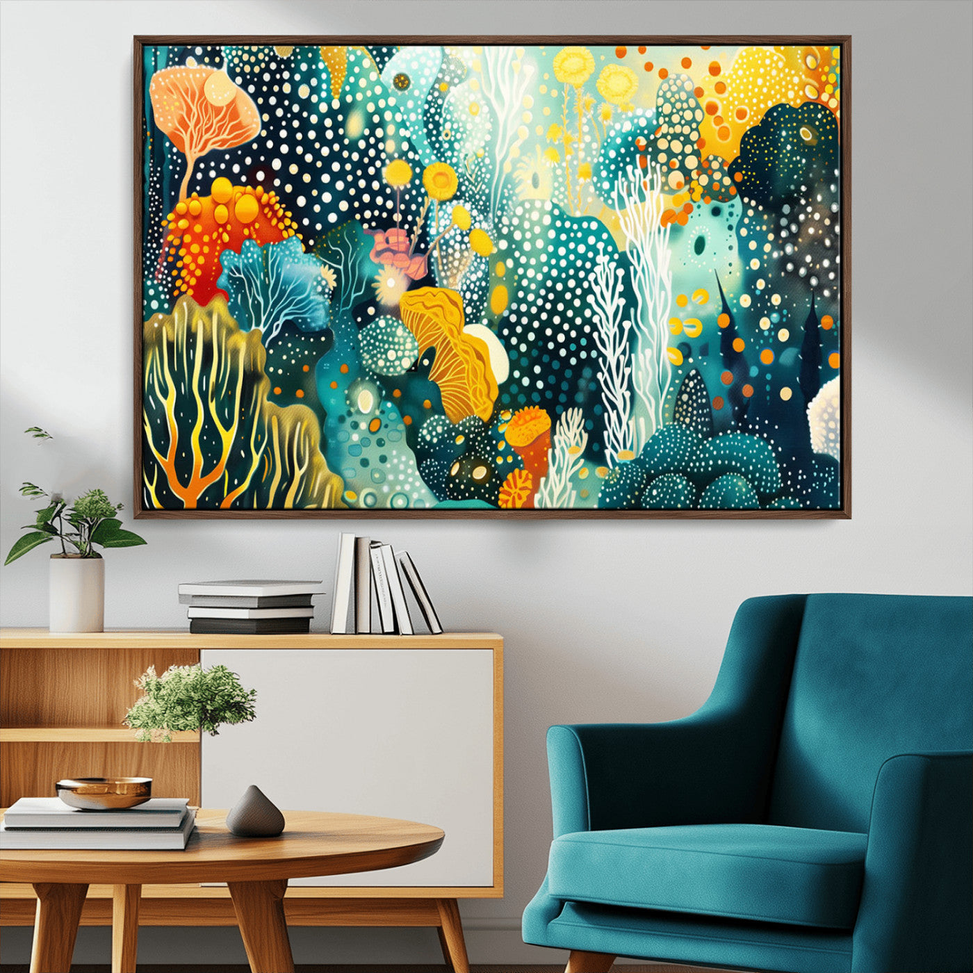 Abstract underwater coral reef illustration with vibrant colors, dotted textures, and stylized marine flora – Wall Art Canvas Print.