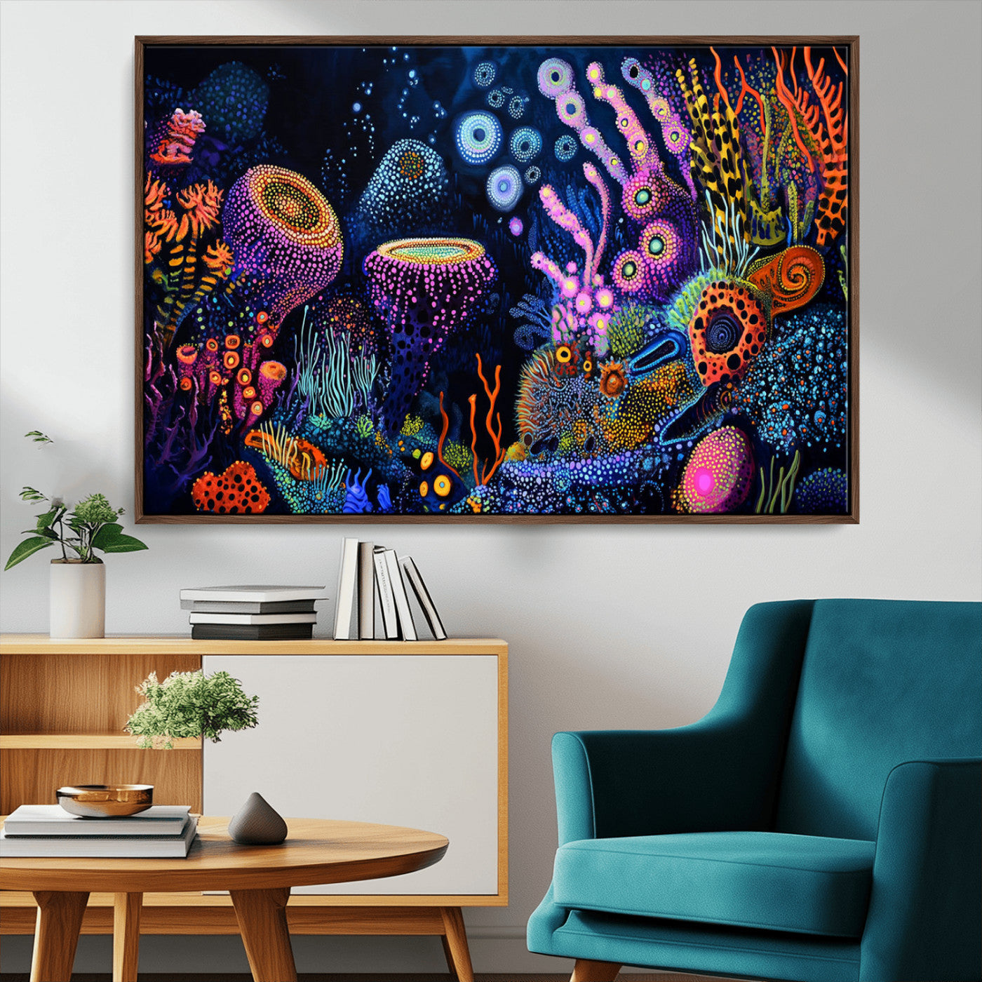 Vibrant and colorful abstract underwater coral reef artwork with diverse shapes and glowing patterns – Wall Art Canvas Print.