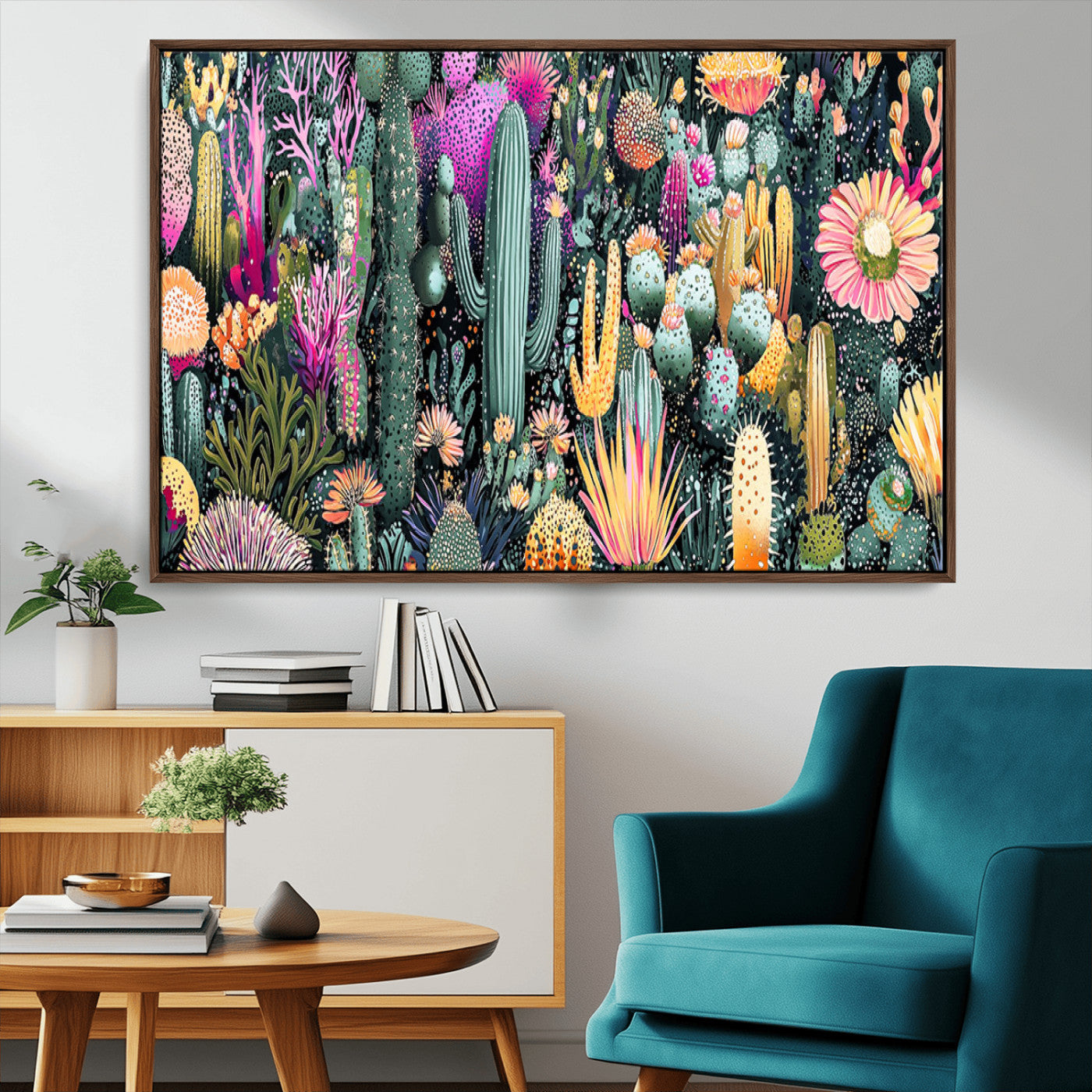 Colorful and detailed painting of various cacti and desert flowers in vibrant hues on a dark background – Wall Art Canvas Print.
