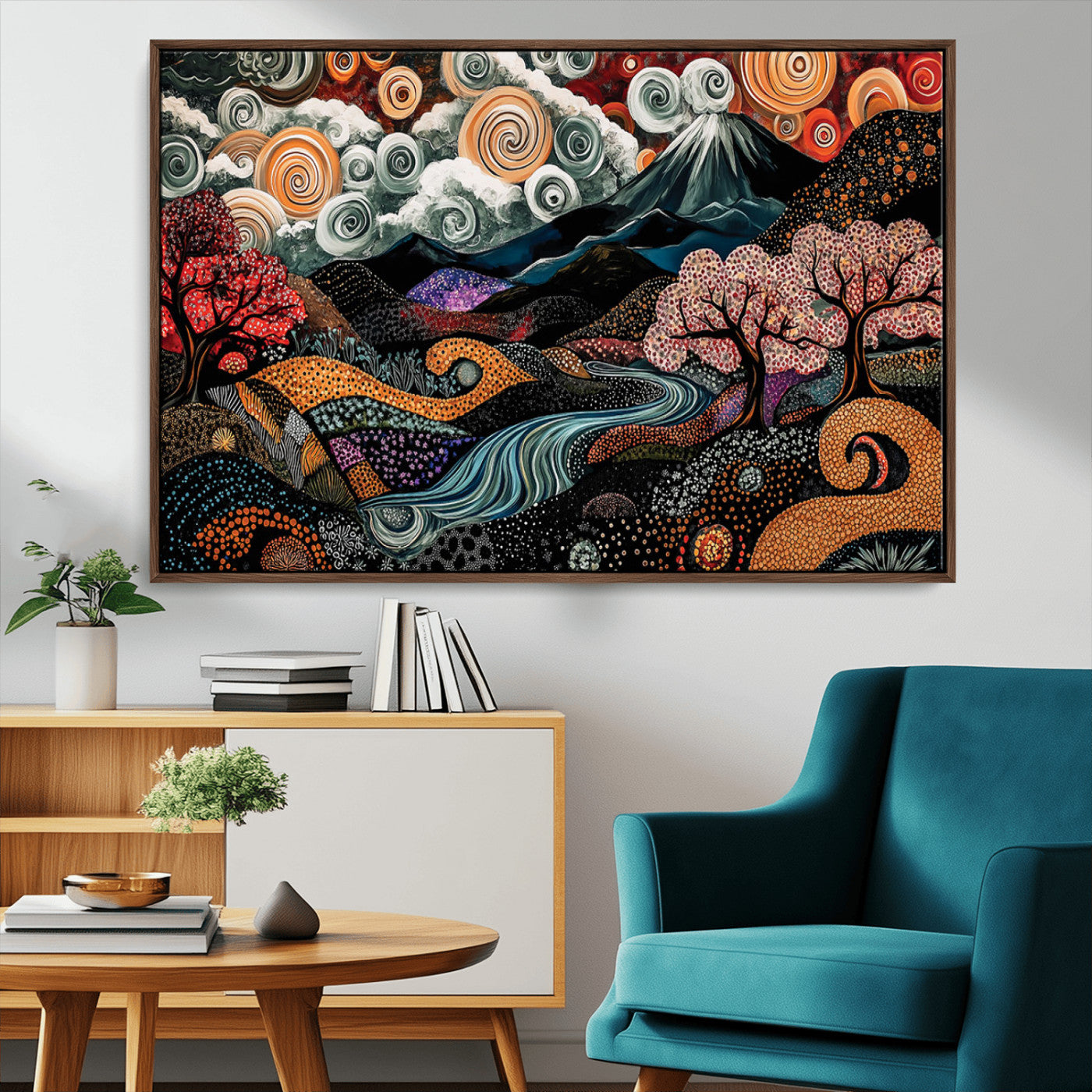 Vibrant abstract landscape painting featuring swirling clouds, colorful trees, flowing river, and textured hills under a mountain – Wall Art Canvas Print.