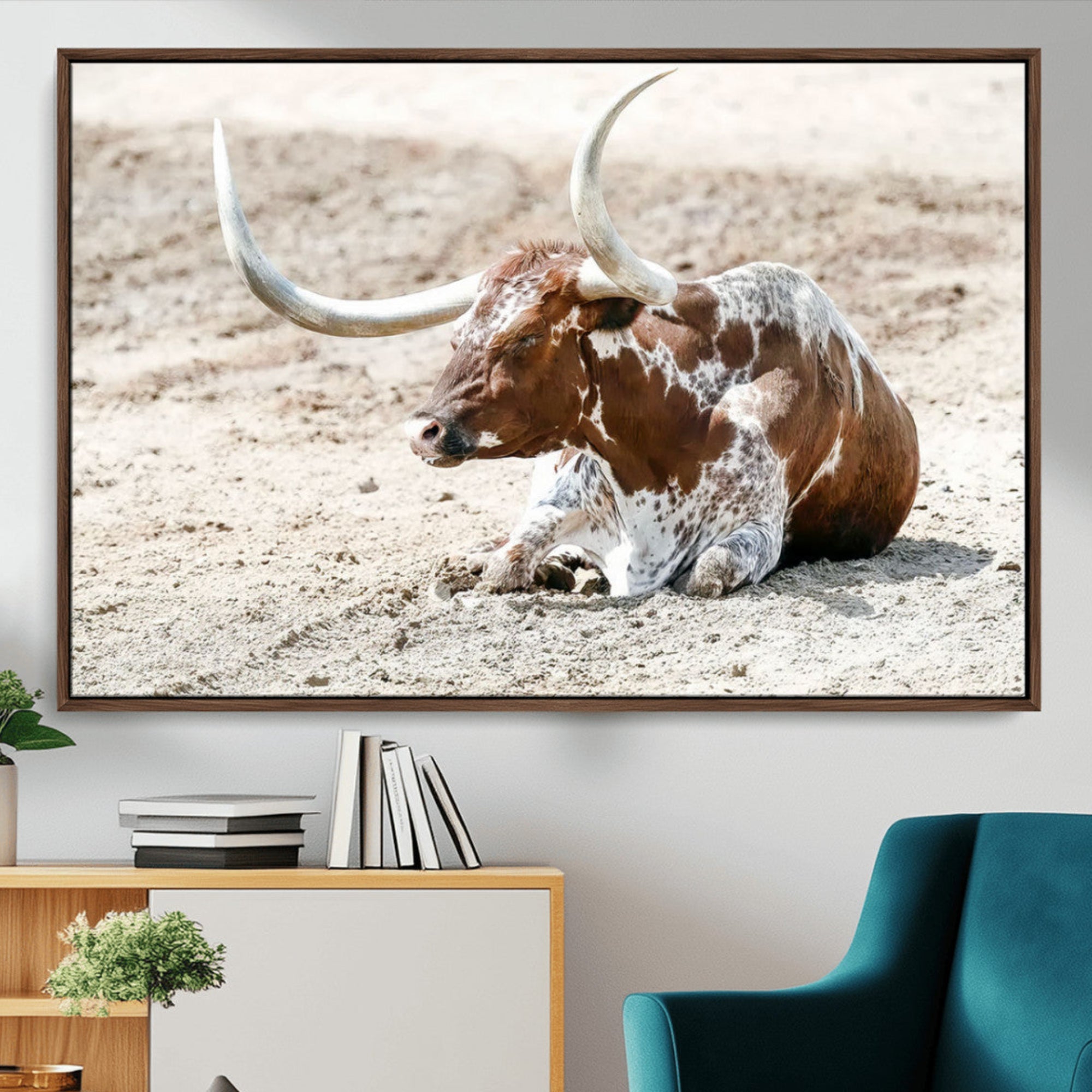 -Majestic Longhorn Wall Art Canvas Print – Resting on Sunlit Desert Ground Striking Western-Themed Artwork for Home, Office