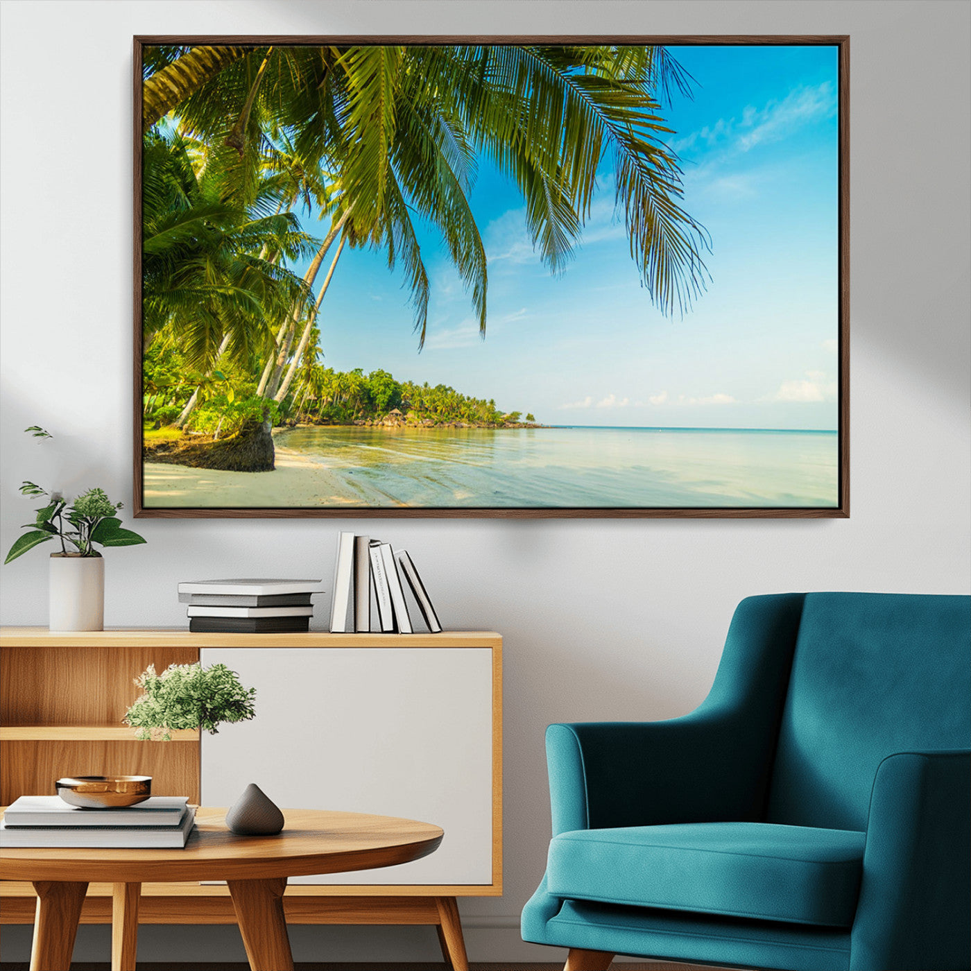 MGV-FC-36X24 - Peaceful Tropical Beach with Palm Trees and Calm Blue Sea – Serene Coastal Wall Art Canvas Print for