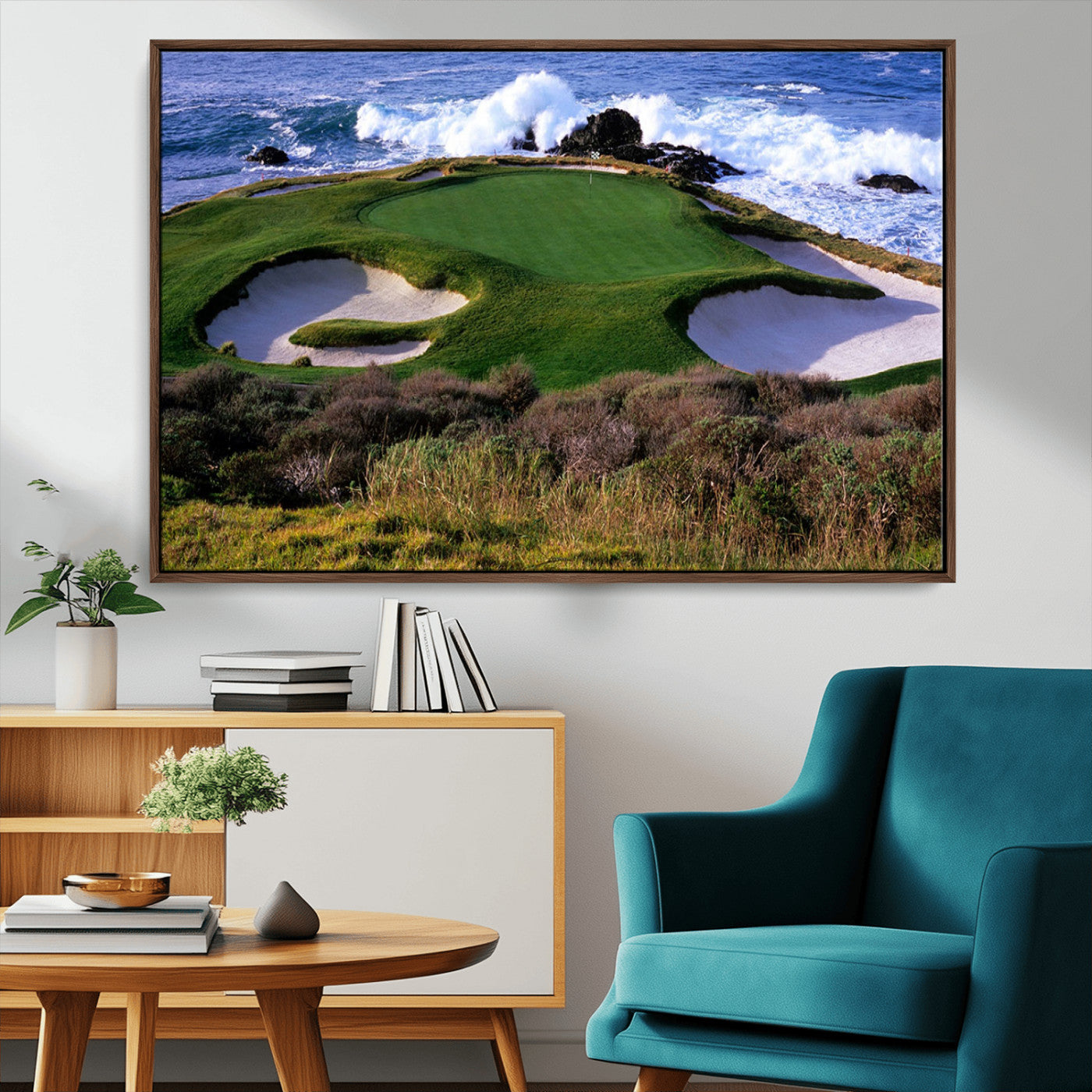 A scenic golf course located by the ocean, featuring a well-manicured green surrounded by sand traps and powerful ocean waves crashing on the shore.