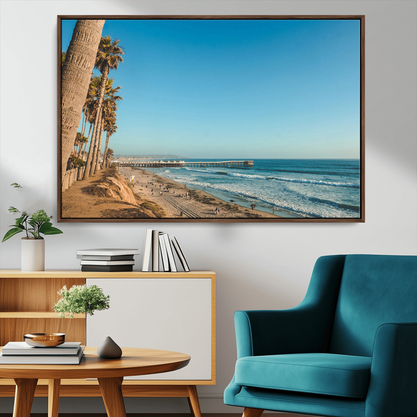 MGV-FC-36X24 - Scenic Beach with Tall Palm Trees, Sandy Shore, and Long Pier Stretching into the Calm Ocean Under
