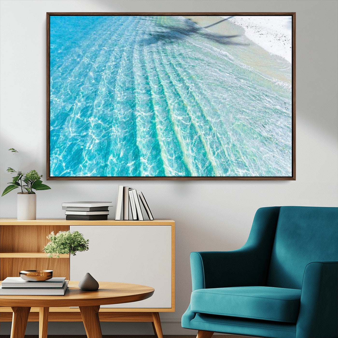 17528159-MGV-FC-36X24_Walnut-Crystal Clear Shallow Ocean Water with Sunlight Reflections and Palm Tree Shadow on Sandy Beach – Beautiful Wall Art Canvas Print for Coastal Decor