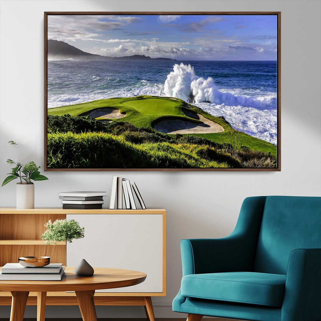 Ocean Waves Crashing Wall Art Canvas Print, Dramatic Rocky Coastline Near a Golf Course