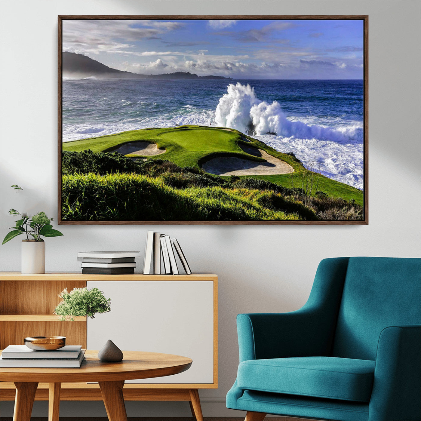 78508908-MGV-FC-36X24_Walnut-Dramatic Ocean Waves Crashing Against Rocky Coastline Near a Green Golf Course – Stunning Wall Art Canvas Print for Nature and Sports Lovers