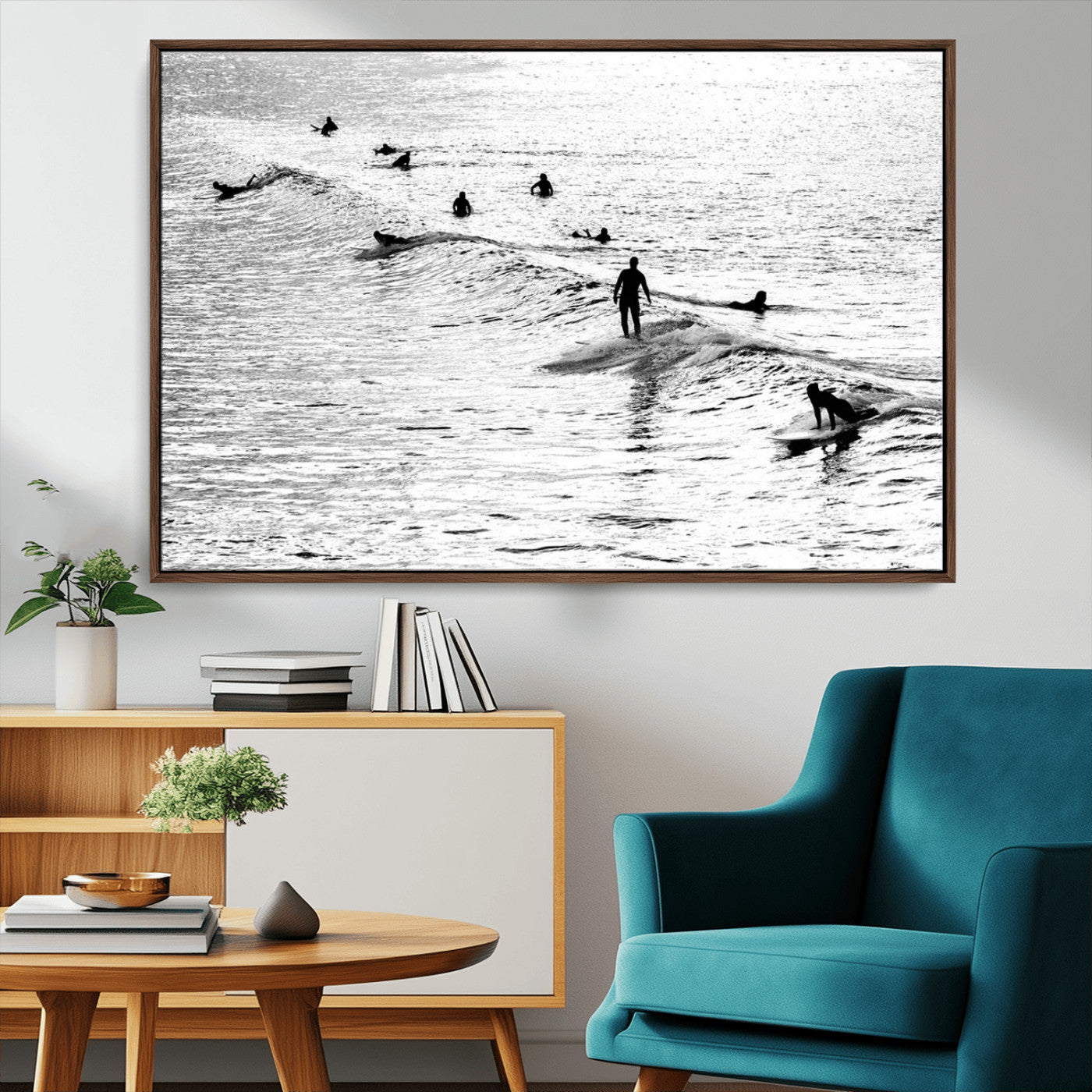 19970637-MGV-FC-36X24_Walnut-Black and white artistic view of surfers riding and paddling on waves in the ocean, capturing the dynamic motion and energy of surfing