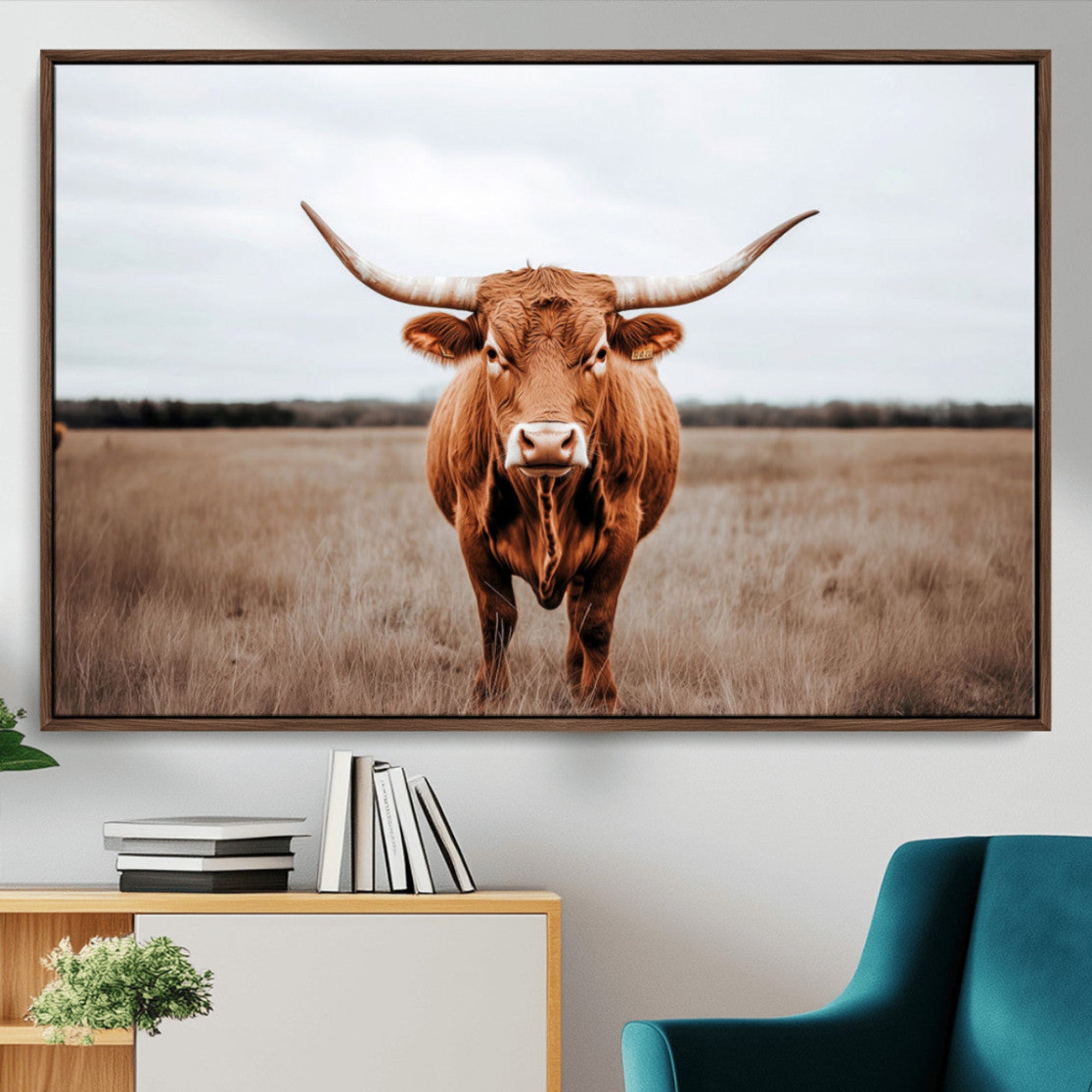 16316734-MGV-CV-36X24-Longhorn Bull Wall Art Canvas Print – Framed Rustic Countryside Scene Art Picture Natural Beauty Artwork for Home, Office