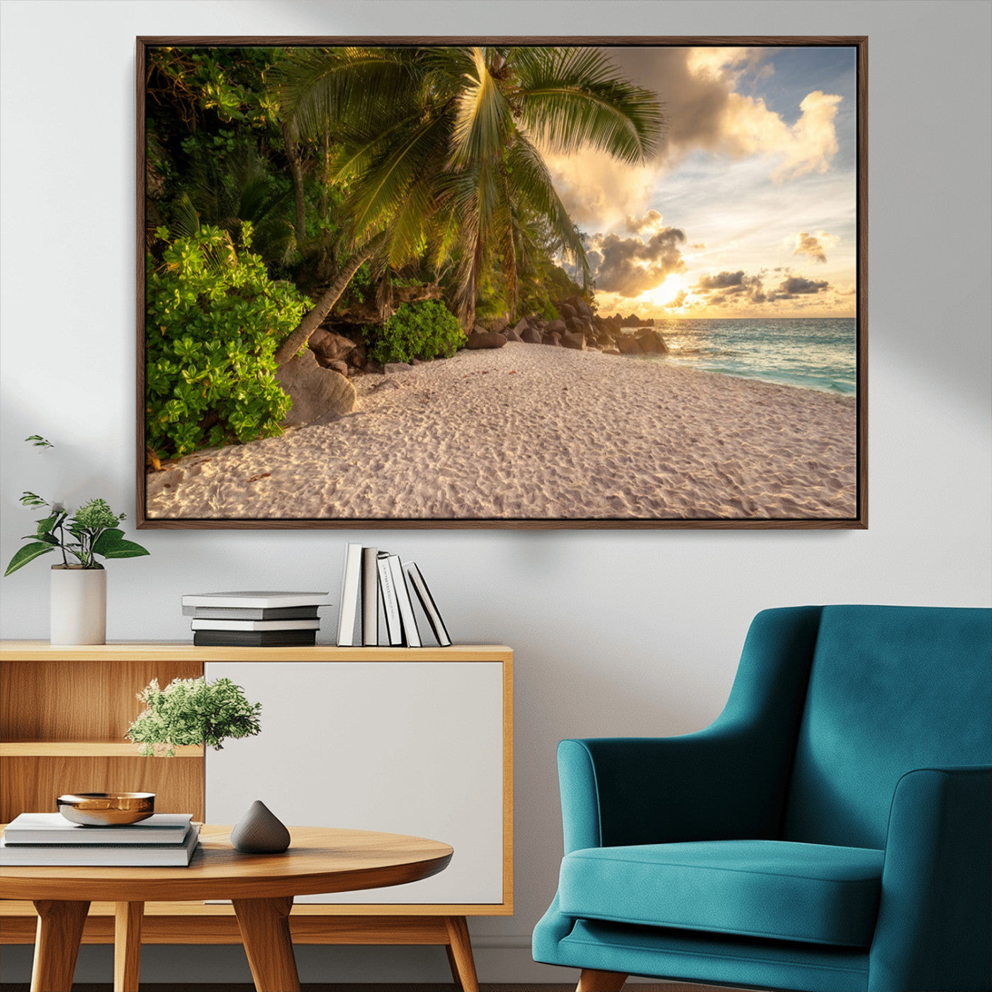 89531159-MGV-FC-36X24_Walnut-Tropical beach sunset, palm trees, white sand, ocean waves, golden sky, serene landscape, nature beauty, tranquil shore, Wall Art Canvas Print