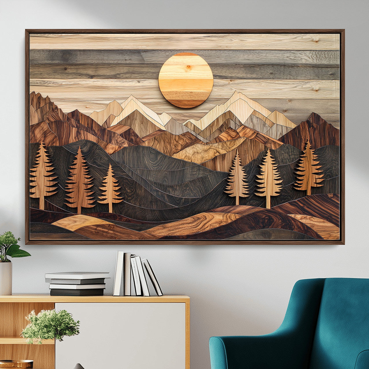 19832326-MGV-FC-36X24 - Wooden Mountain Landscape Layered Texture Geometric Shapes Sun Pine Trees Rustic Natural Tones Art