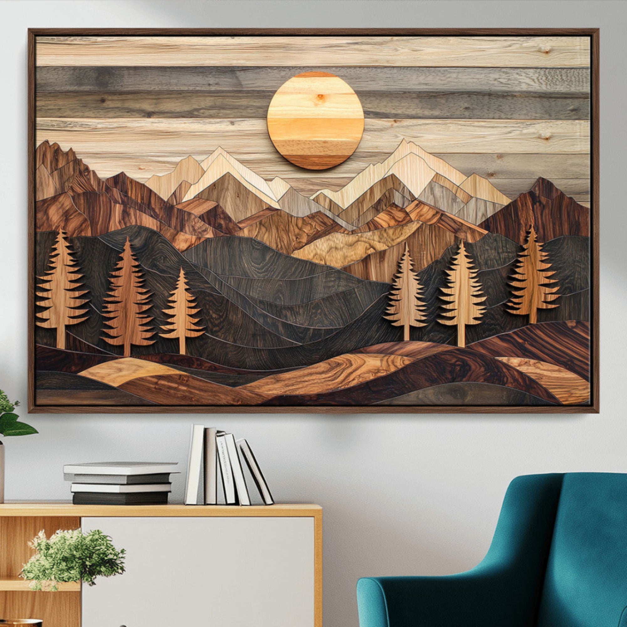 19832326-MGV-CV-36X24-Wooden mountain landscape layered texture geometric shapes sun pine trees rustic natural tones Wall
