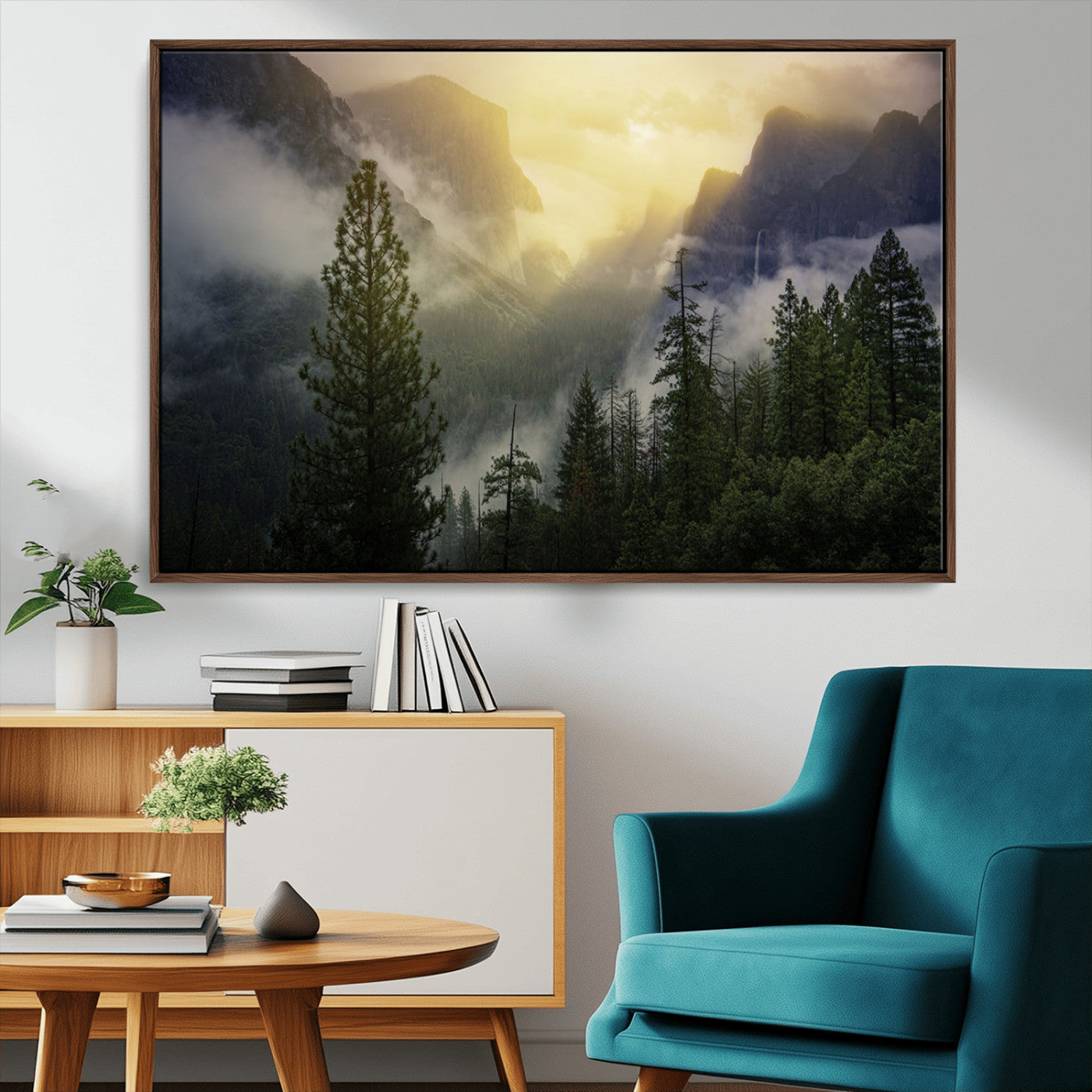 38316884-MGV-FC-36X24_Walnut-Misty Forest Sunrise Mountain Valley Pine Trees Foggy Landscape Nature Scenic Outdoors Calm Tranquil Wall Art Canvas Print