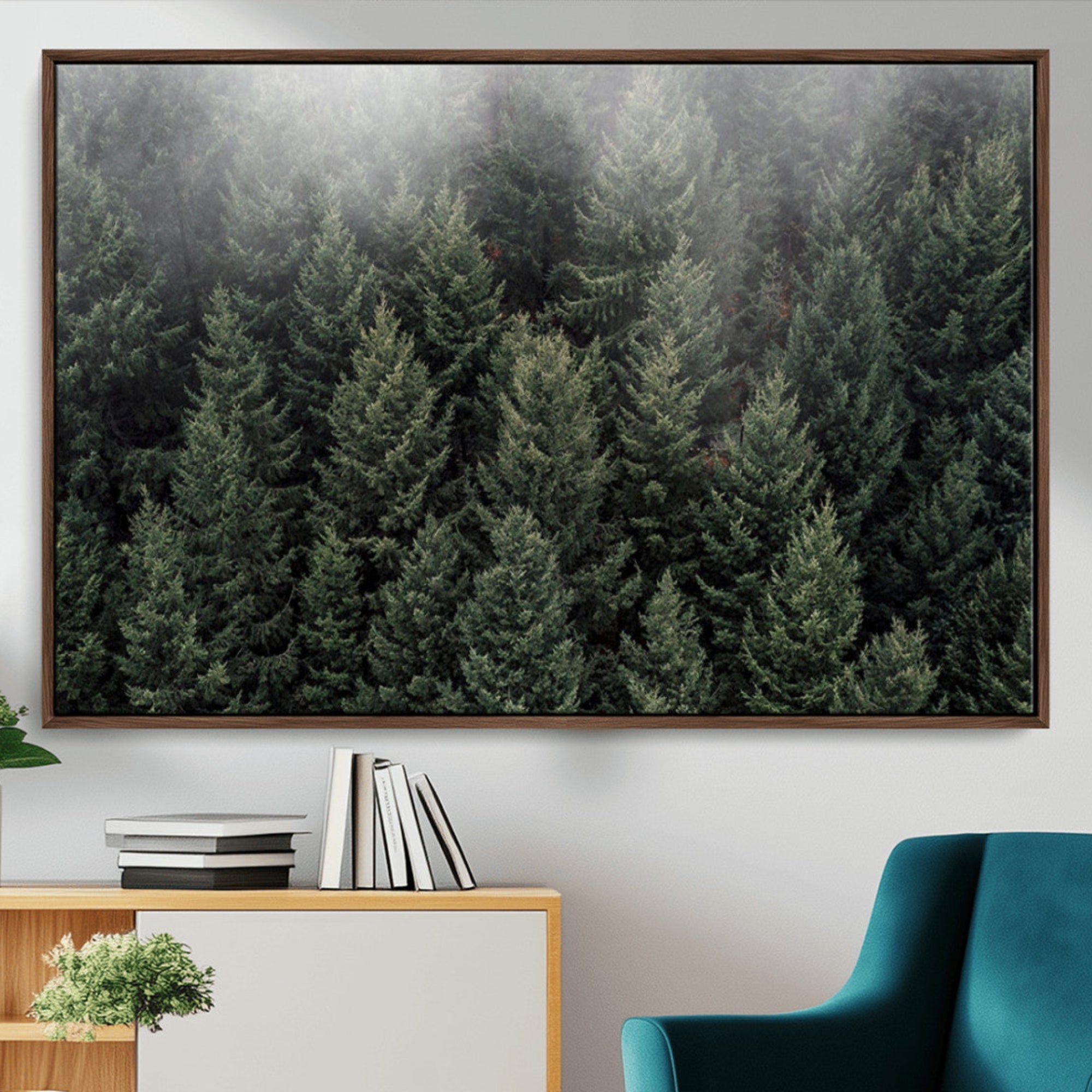 84059409-MGV-CV-36X24-Dense Evergreen Forest Misty Morning Fog Pine Trees Woodland Nature Landscape Calm Peaceful Scenic