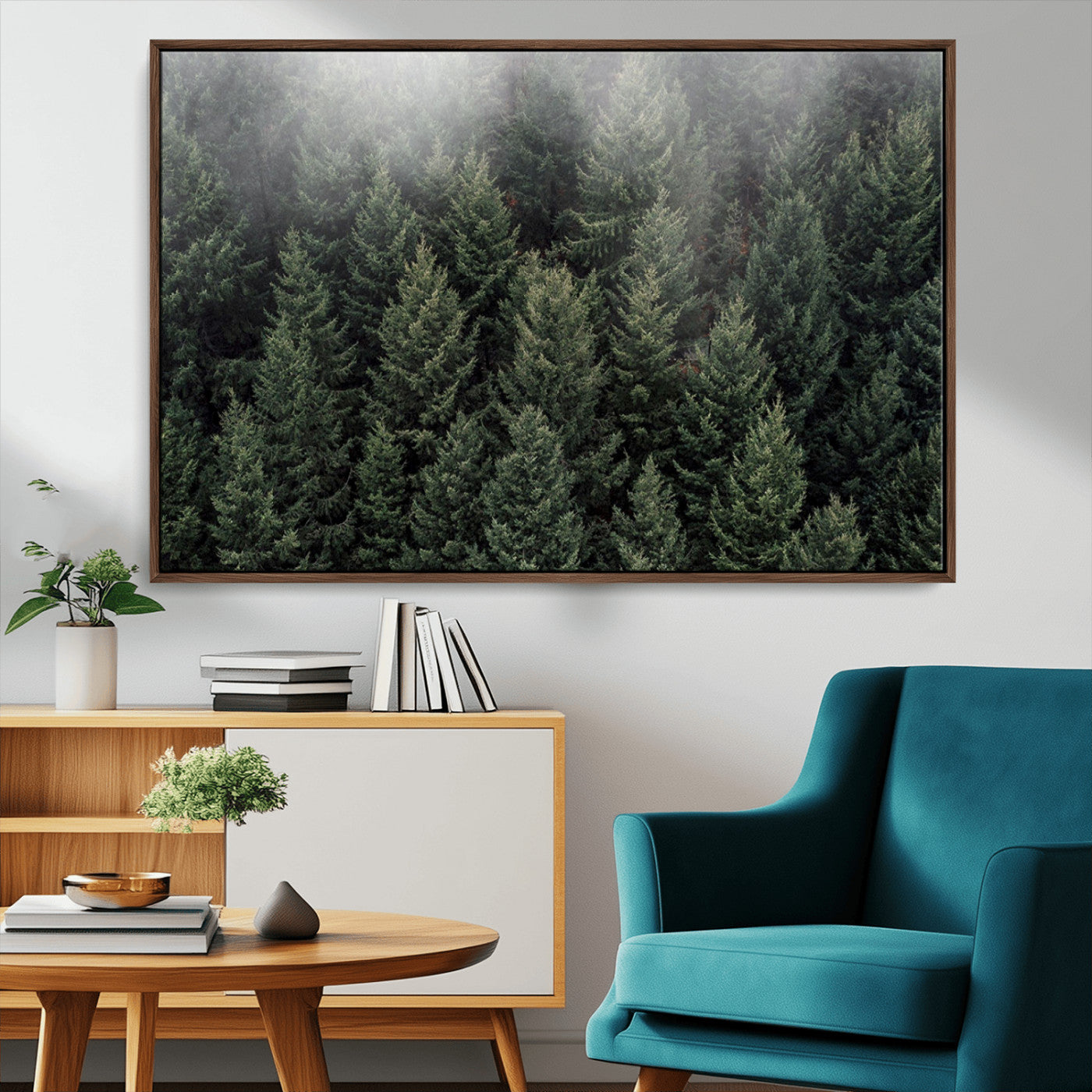 84059409-MGV-FC-36X24_Walnut-Dense Evergreen Forest Misty Morning Fog Pine Trees Woodland Nature Landscape Calm Peaceful Scenic Wall Art Canvas Print
