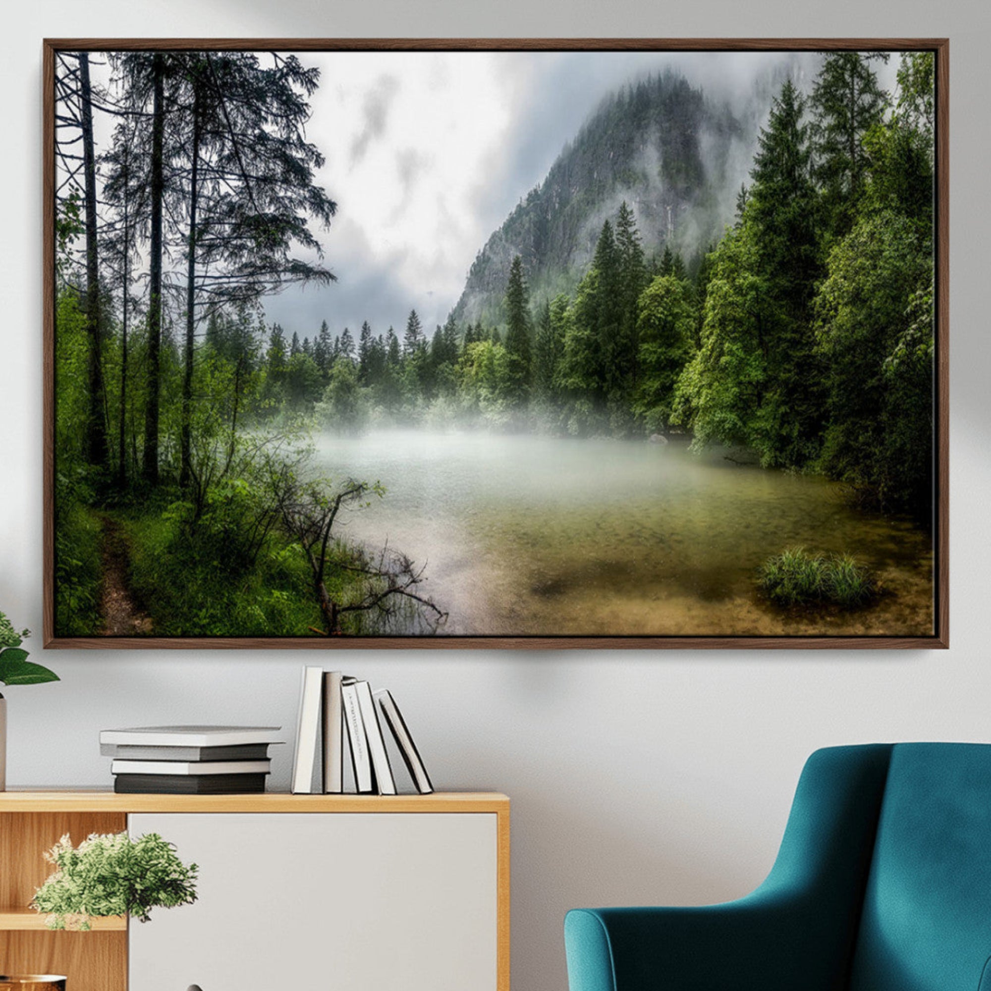 93123937-MGV-CV-36X24-Misty Lake Forest Green Trees Calm Water Reflection Mountain Fog Nature Landscape Outdoor Scenic