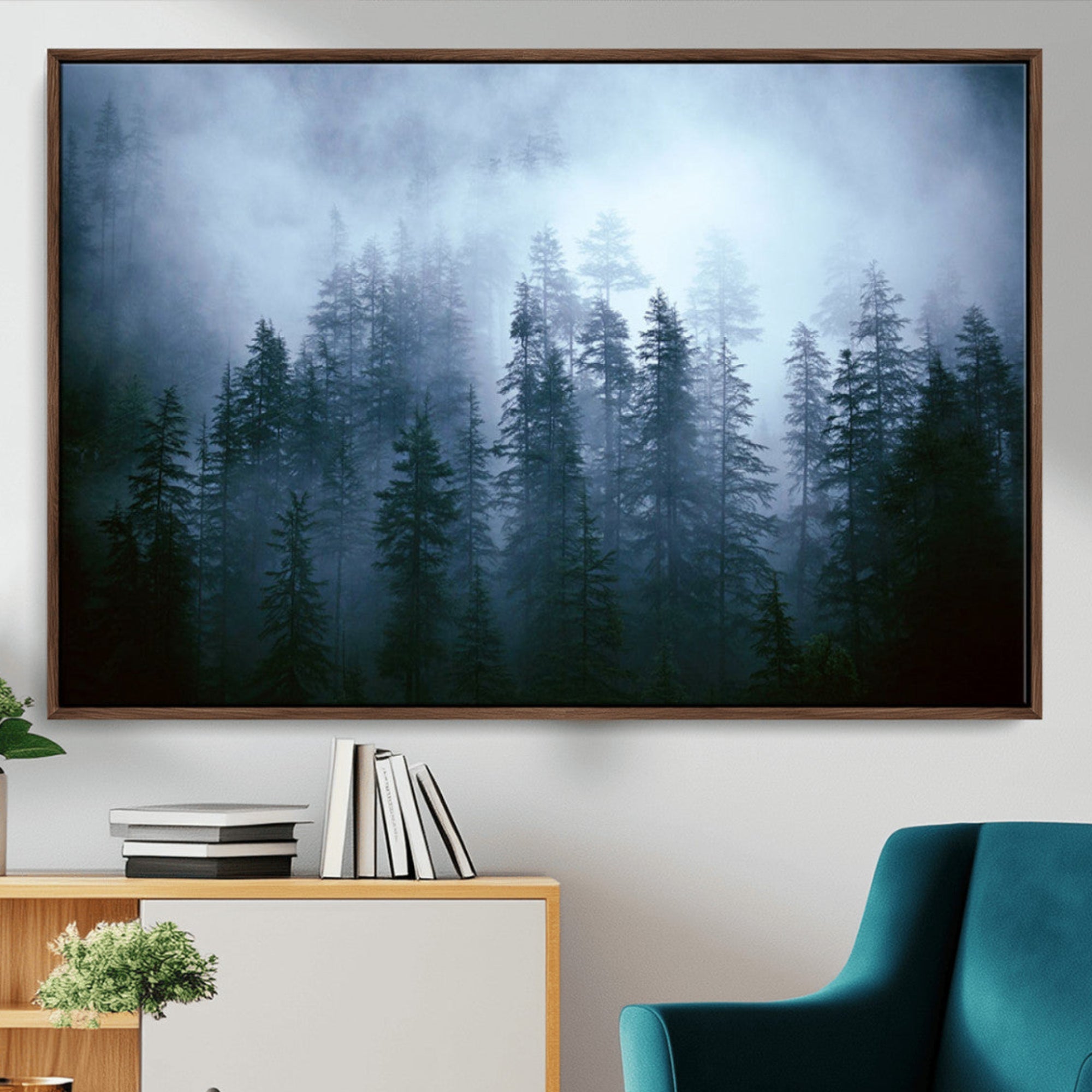 93439624-MGV-CV-36X24-Foggy Evergreen Pines Mist Forest Blue Haze Moody Atmospheric Wilderness Nature Trees Scenic