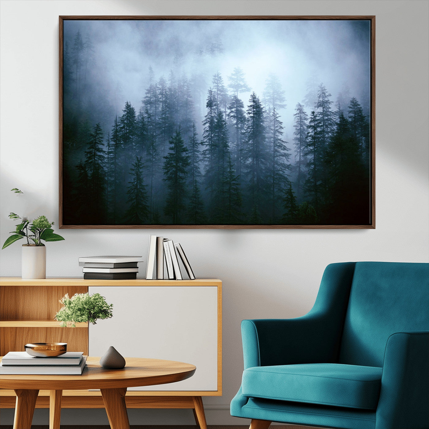 93439624-MGV-FC-36X24_Walnut-Foggy Evergreen Pines Mist Forest Blue Haze Moody Atmospheric Wilderness Nature Trees Scenic Tranquil Peaceful Landscape Wall Art Canvas Print