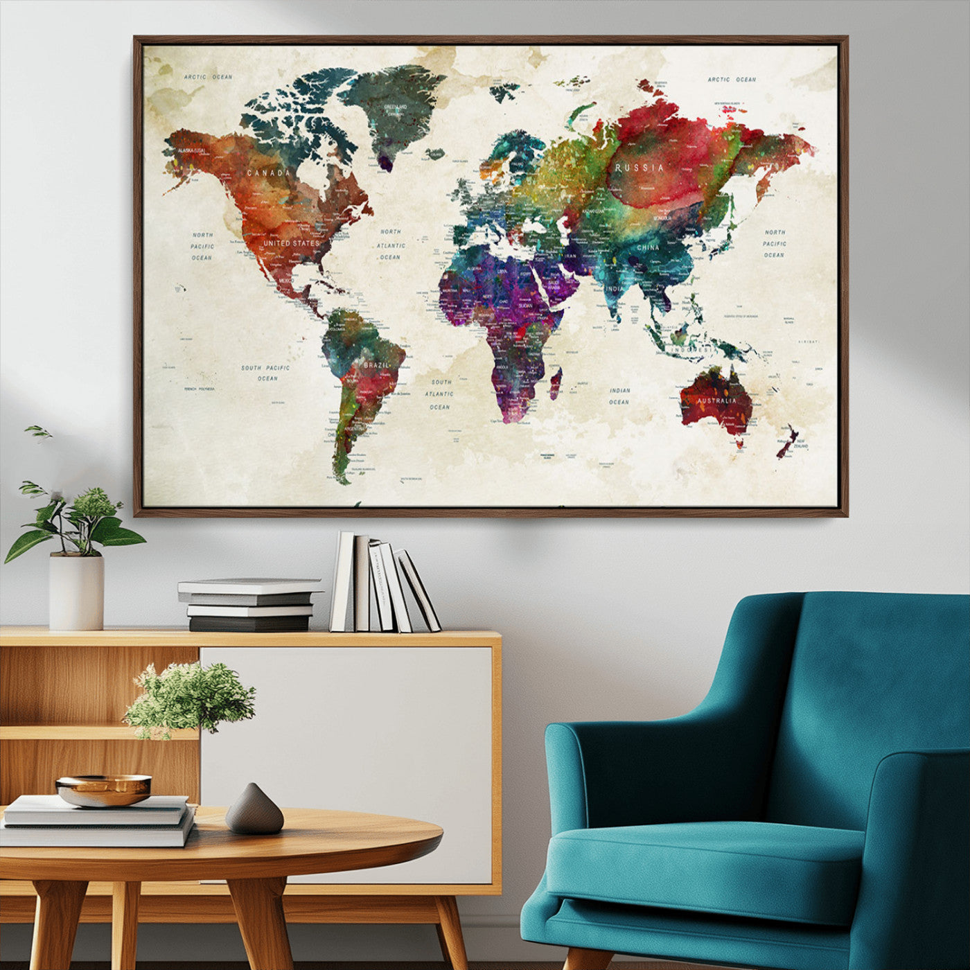Colorful watercolor world map with countries labeled, featuring rich, vibrant hues across continents on a vintage beige background, Wall Art Canvas Print style.