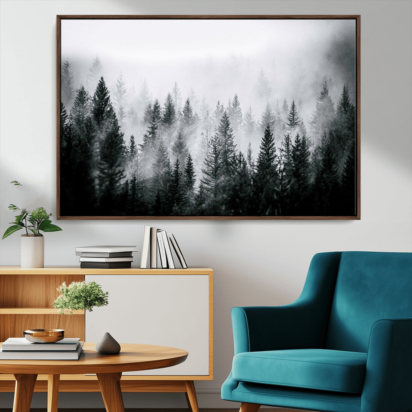 Horizontal black and white canvas wall art of foggy pine forest landscape for modern and rustic home decor