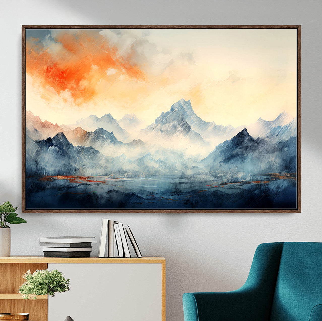 WRM1005-MGV-FC-36X24 - Warm Clouds Abstract Mountain Wall Art, Modern Landscape Canvas Print, Minimal Framed Artwork for Home, Office
