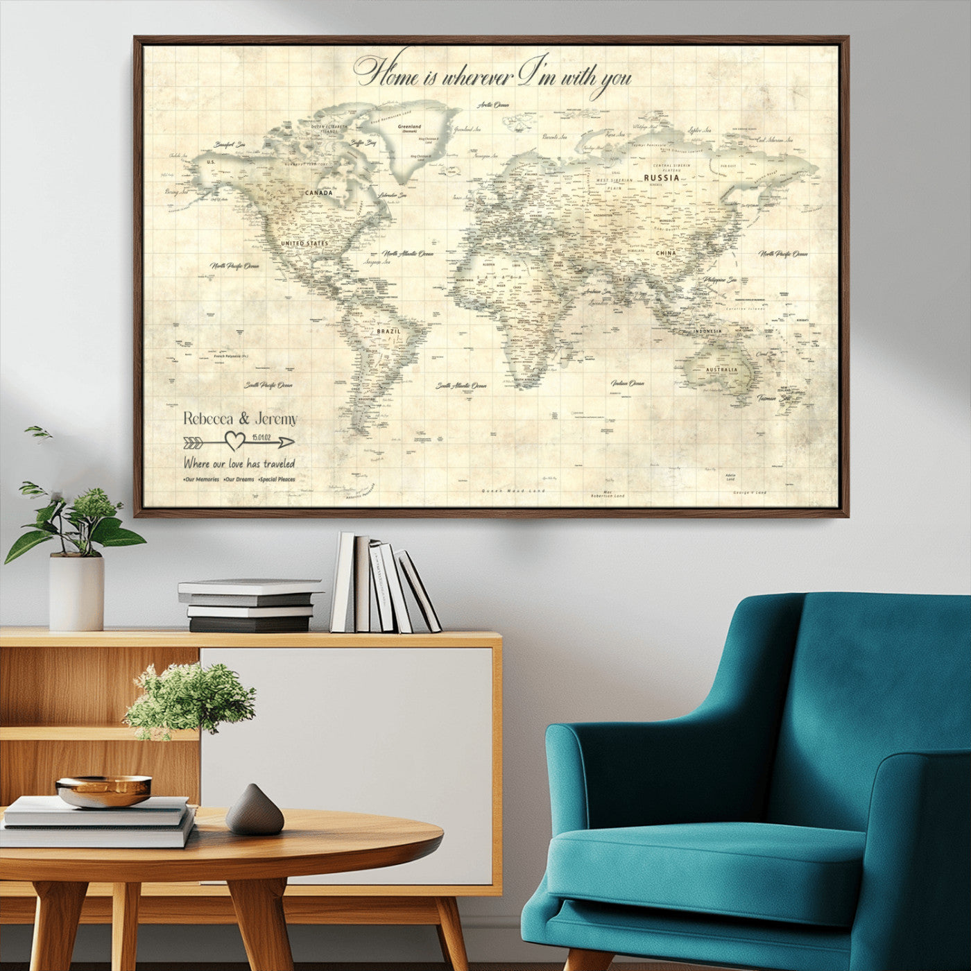 MGV-FC-36X24 - Personalized World Map Wall Art Canvas Print – Custom Push Pin Travel Map for Couples, Families, or Office Décor