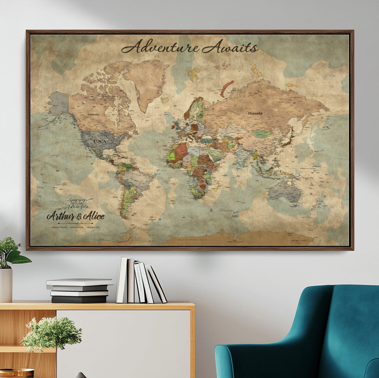 MGV-FC-36X24 - Personalized World Map Wall Art Canvas Print – Custom Push Pin Travel Map for Couples, Families, or Office Décor