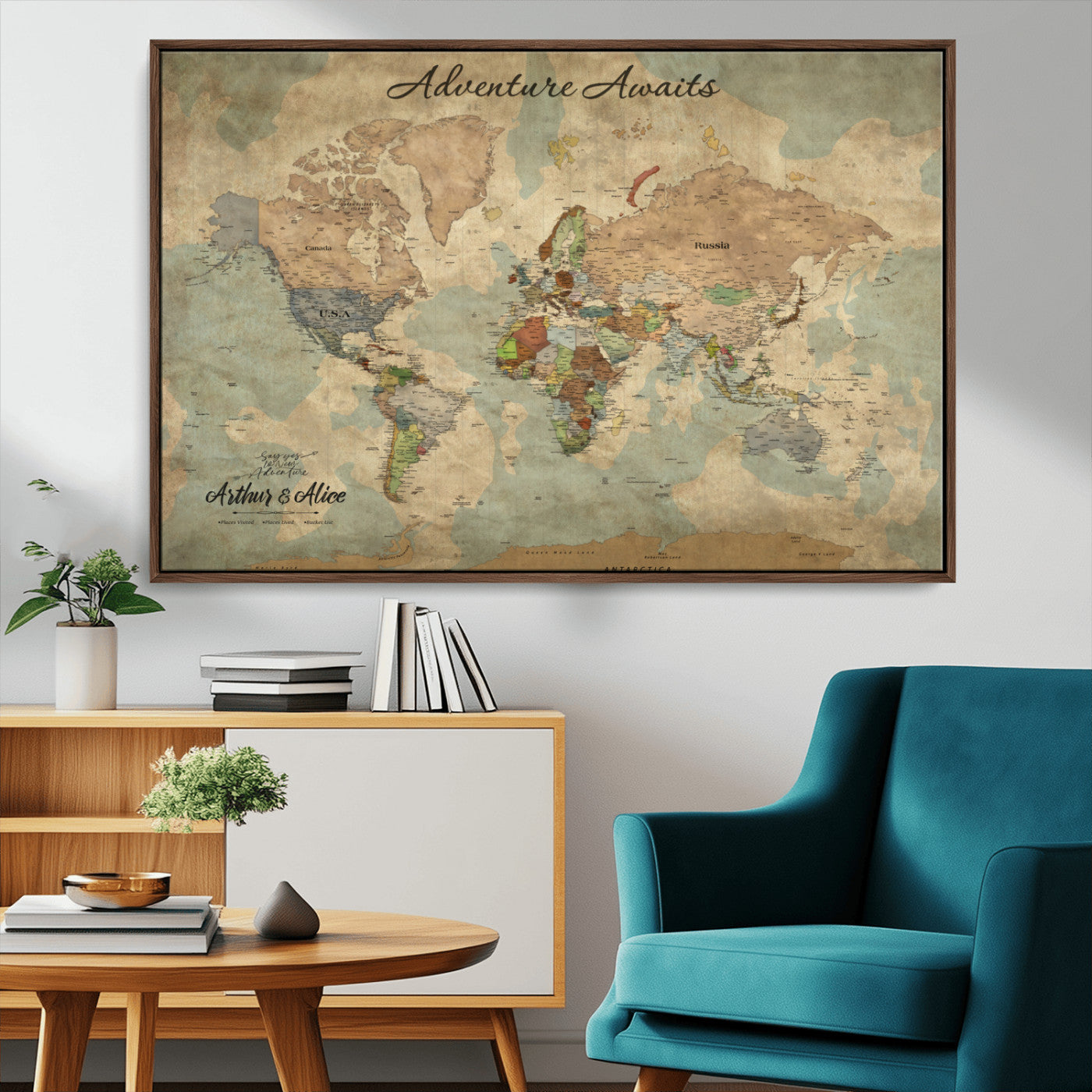 MGV-FC-36X24 - Personalized World Map Wall Art Canvas Print – Custom Push Pin Travel Map for Couples, Families, or Office Décor