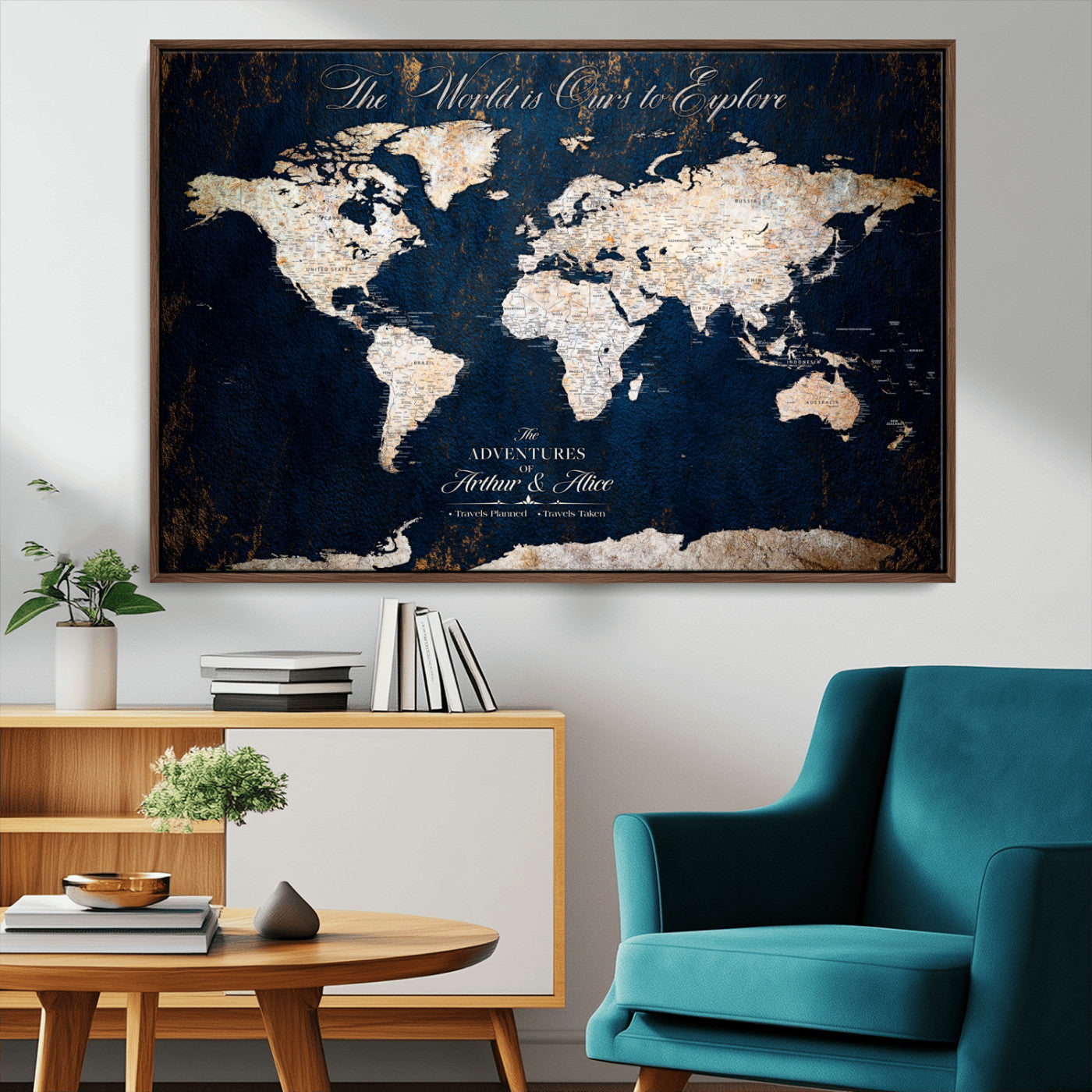 MGV-FC-36X24 - Personalized World Map Wall Art Canvas Print – Custom Push Pin Travel Map for Couples, Families, or Office Décor