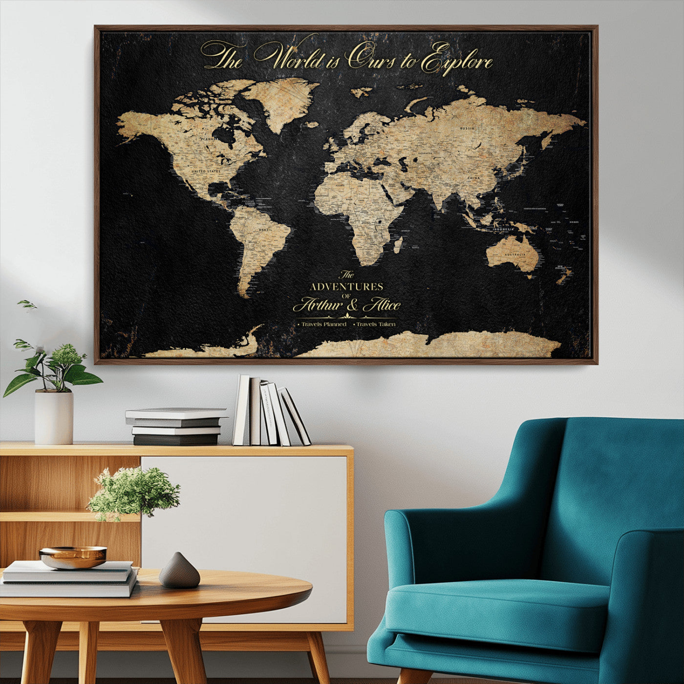 MGV-FC-36X24 - Personalized World Map Wall Art Canvas Print – Custom Push Pin Travel Map for Couples, Families, or Office Décor
