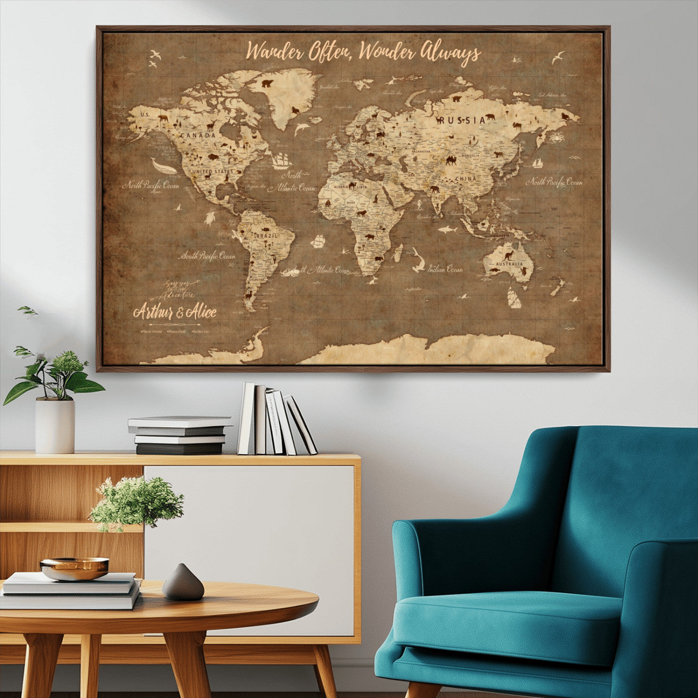 MGV-FC-36X24 - Personalized World Map Wall Art Canvas Print – Custom Push Pin Travel Map for Couples, Families, or Office Décor