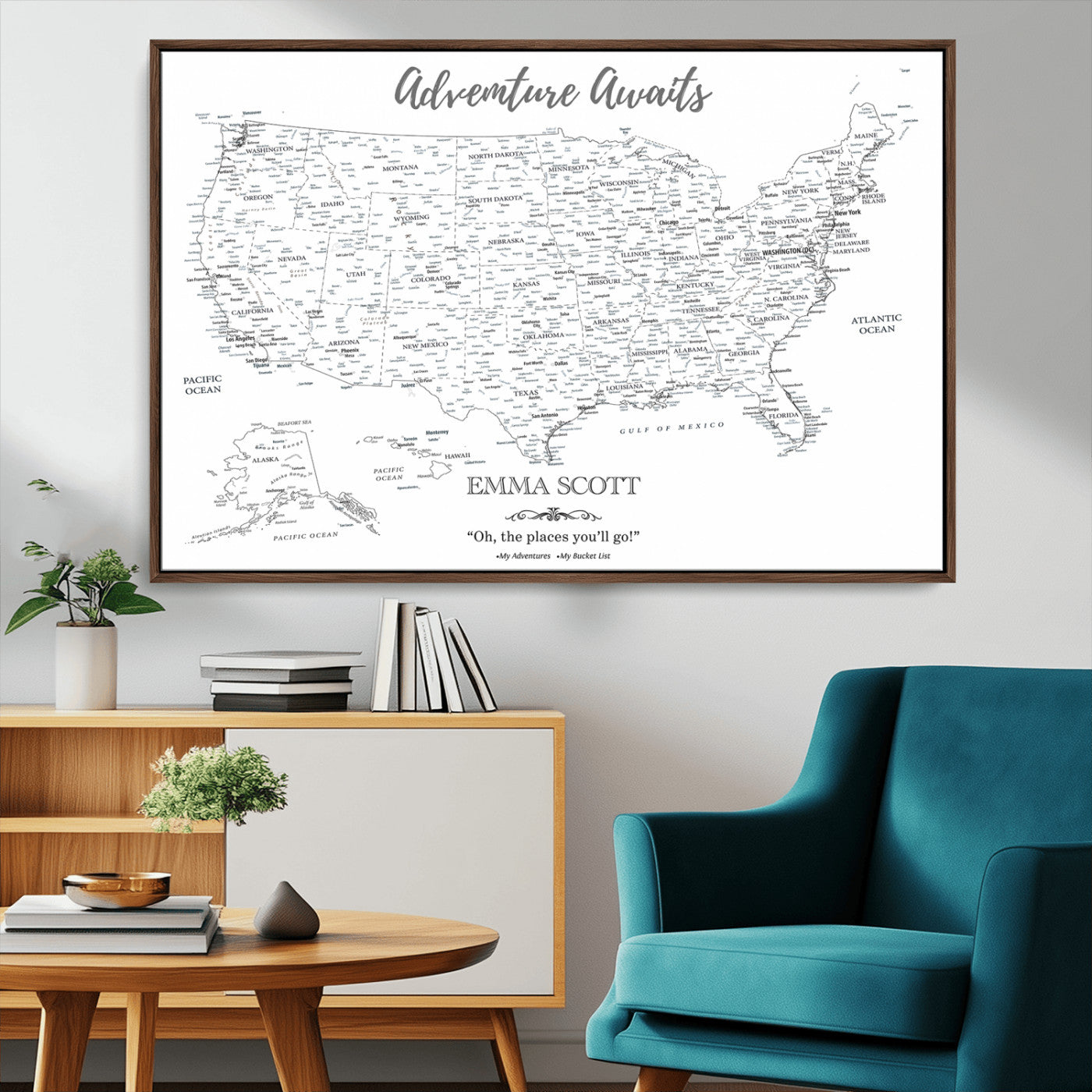 MGV-FC-36X24 - Personalized US Map Wall Art Canvas Print – Custom Push Pin Travel United States US Map for Couples, Families, or Office Décor