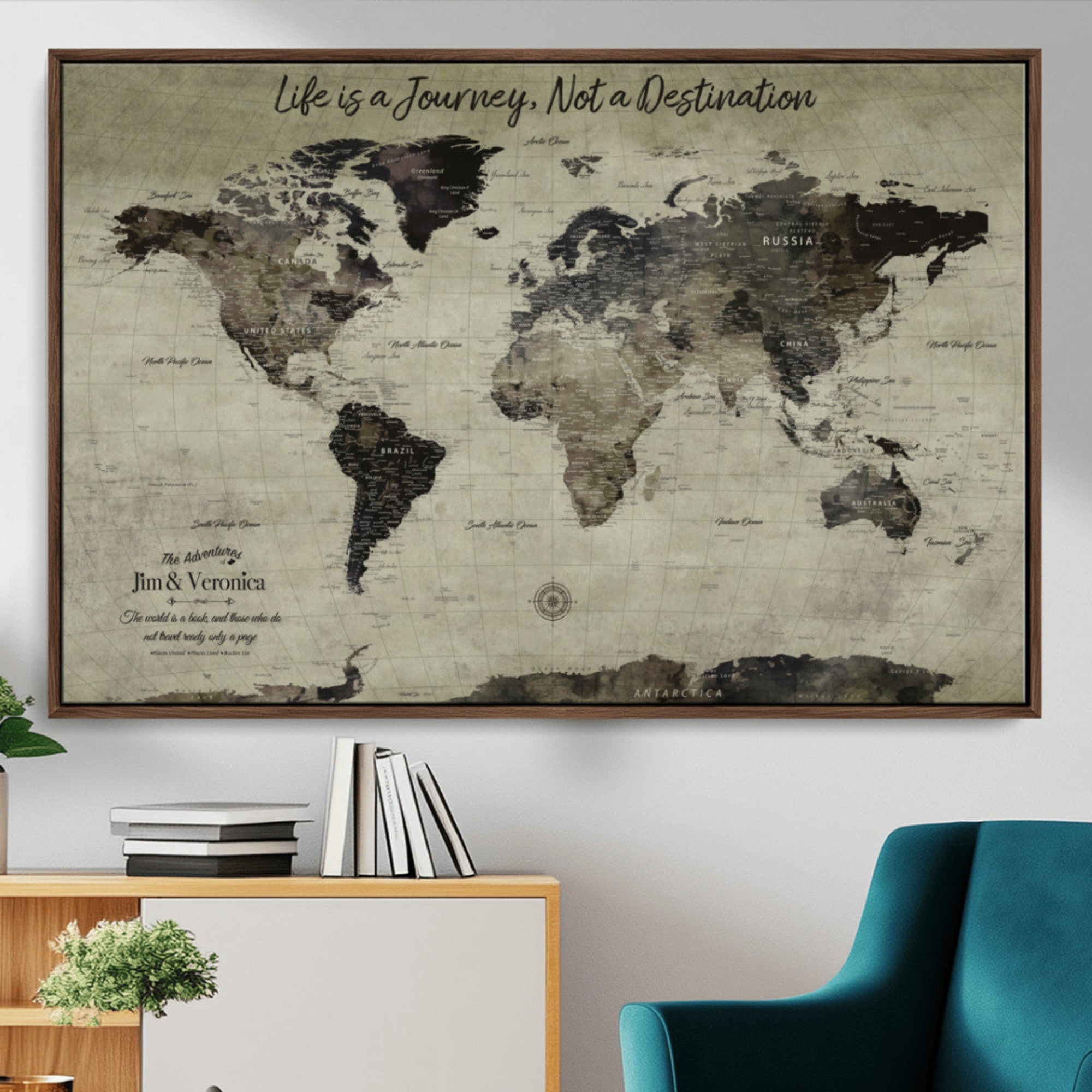 MGV-FC-36X24 - Personalized World Map Wall Art Canvas Print – Custom Push Pin Travel Map for Couples, Families, or Office Décor