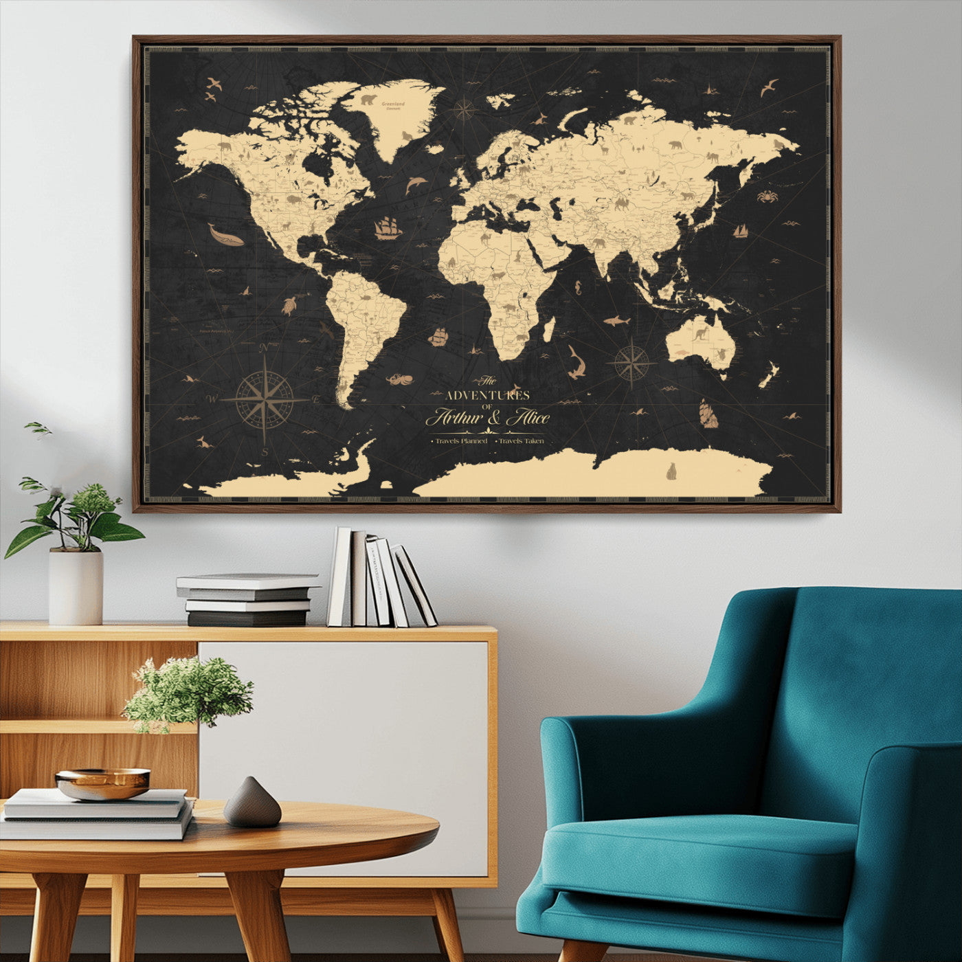 MGV-FC-36X24 - Personalized World Map Wall Art Canvas Print – Custom Push Pin Travel Map for Couples, Families, or Office Décor