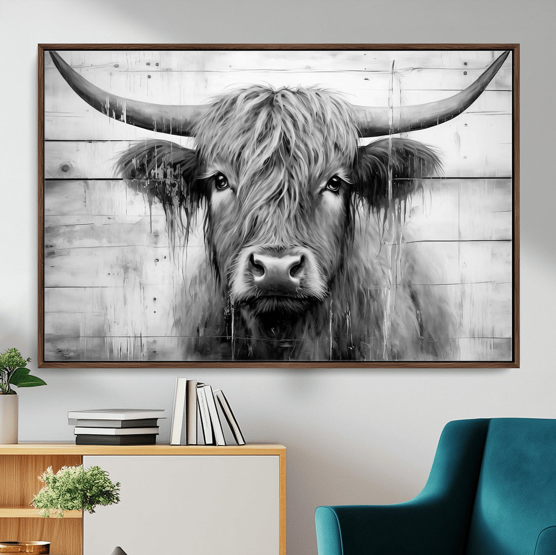 Black White Highland Cow Wall Art Canvas Print