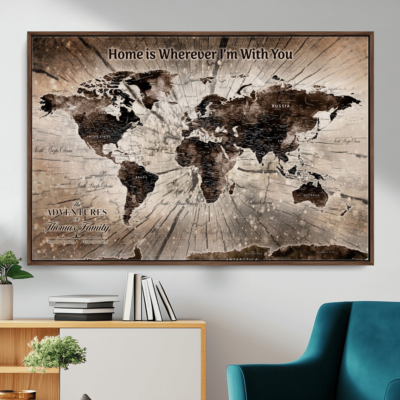 72371980-MGV-FC-36X24 - Personalized World Map Wall Art – Customizable Push Pin Framed Canvas Print Unique Travel Decor for Home, Office