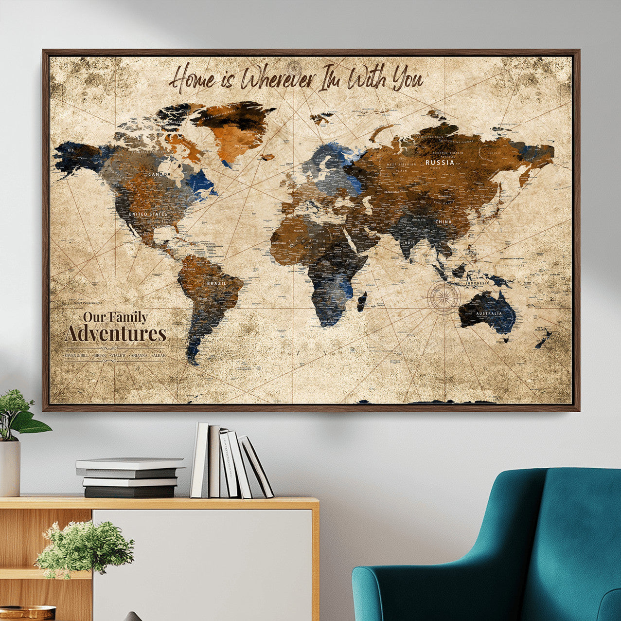 23631534-MGV-FC-36X24 - Customized Push Pin World Map Wall Art Canvas Print with Pins, Personalized Travel Tracker Map, Framed World Map for Living Room, Office and Home Decor